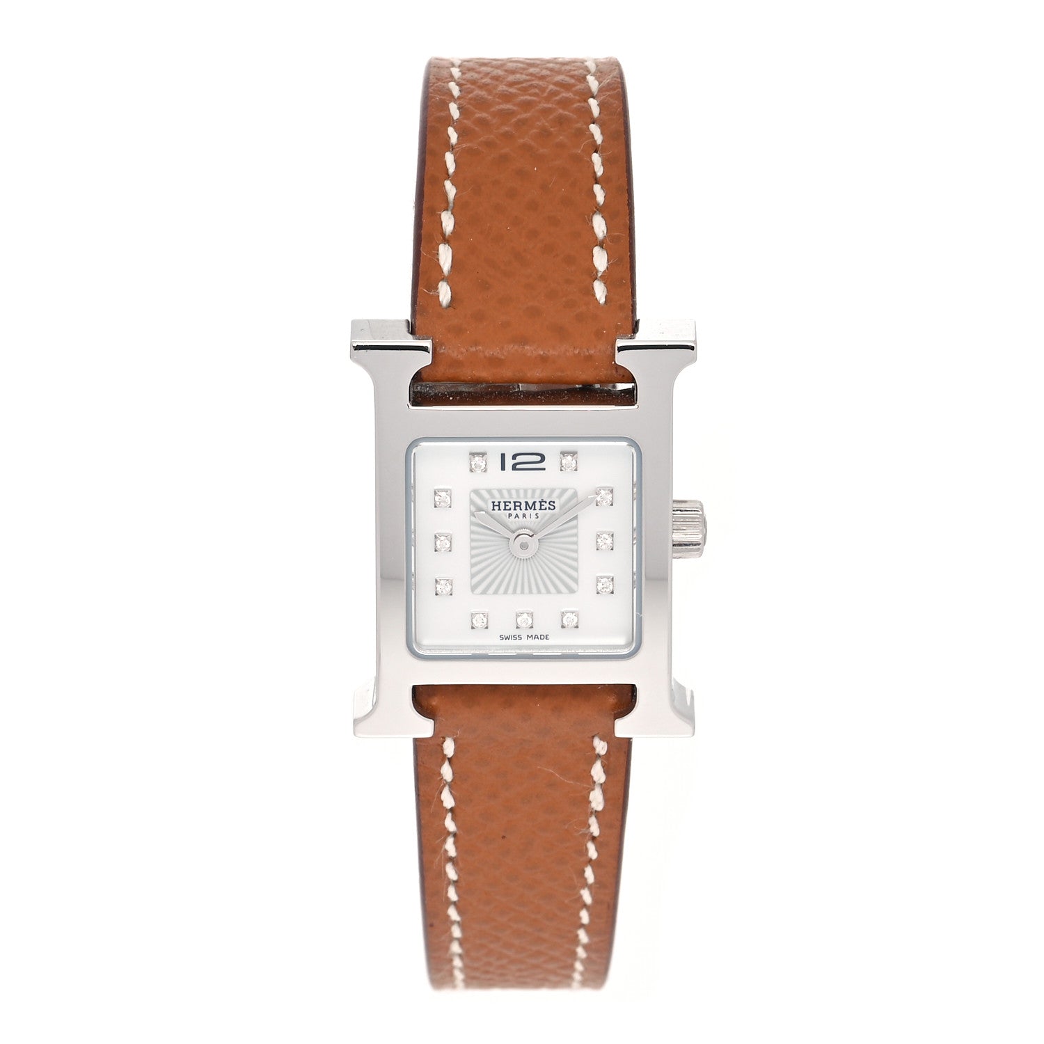Hermes Stainless Steel Epsom Diamond Mother of Pearl 17.2mm Heure H Hour Quartz Watch Gold 1 of 5