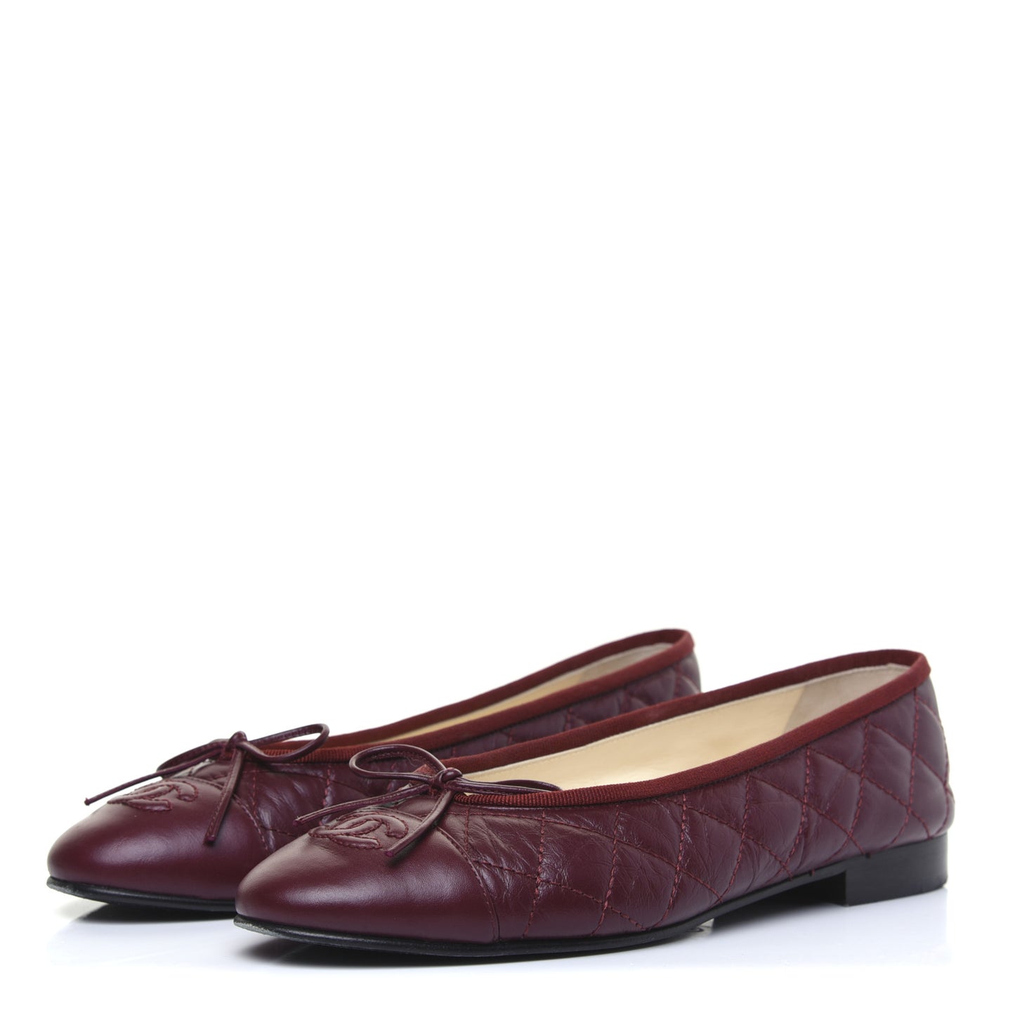 Tumbled Calfskin Quilted Cap Toe Ballerina Flats 37 Burgundy