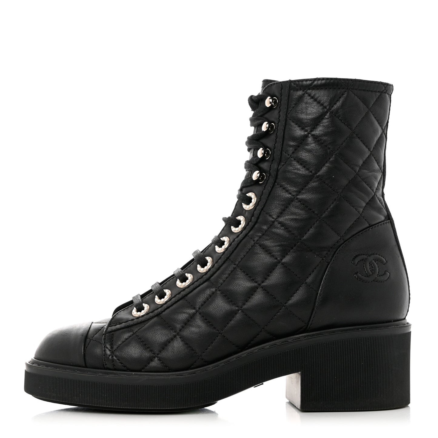 Lambskin Quilted Lace Up Combat Boots 36.5 Black