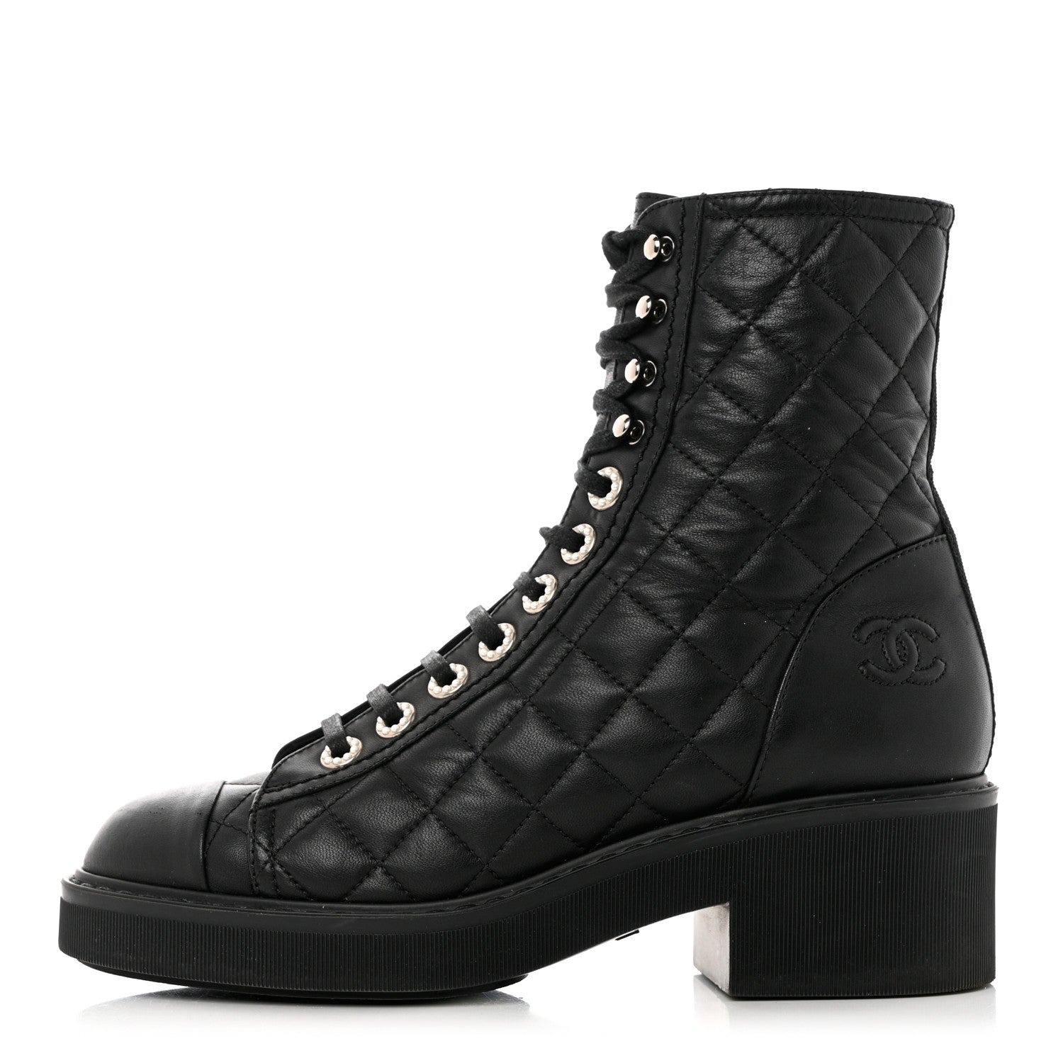Chanel Lambskin Quilted Lace Up Combat Boots 36.5 Black 1 of 8