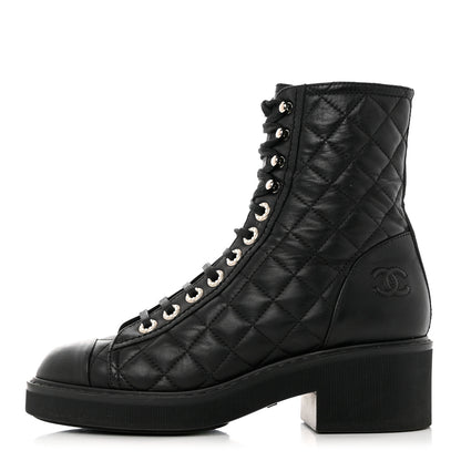 Chanel Lambskin Quilted Lace Up Combat Boots 36.5 Black 1 of 8