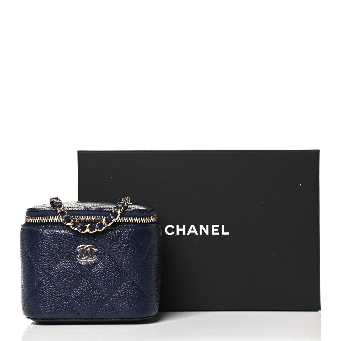 Caviar Quilted Mini Vanity Case With Chain Navy Blue