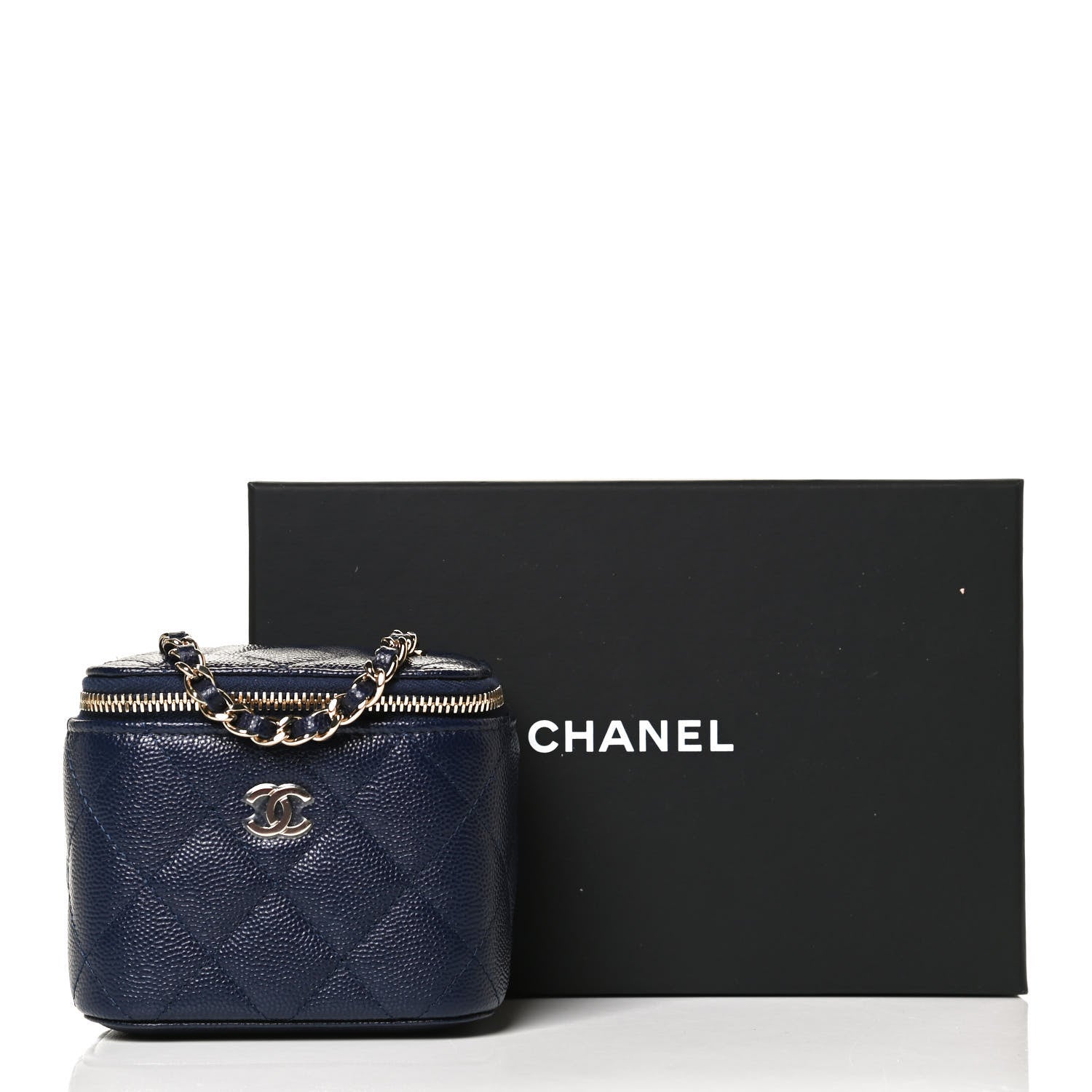 Chanel Caviar Quilted Mini Vanity Case With Chain Navy Blue 13 of 13