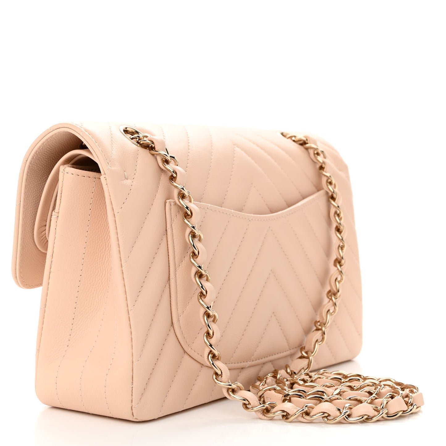 Caviar Chevron Quilted Small Double Flap Beige