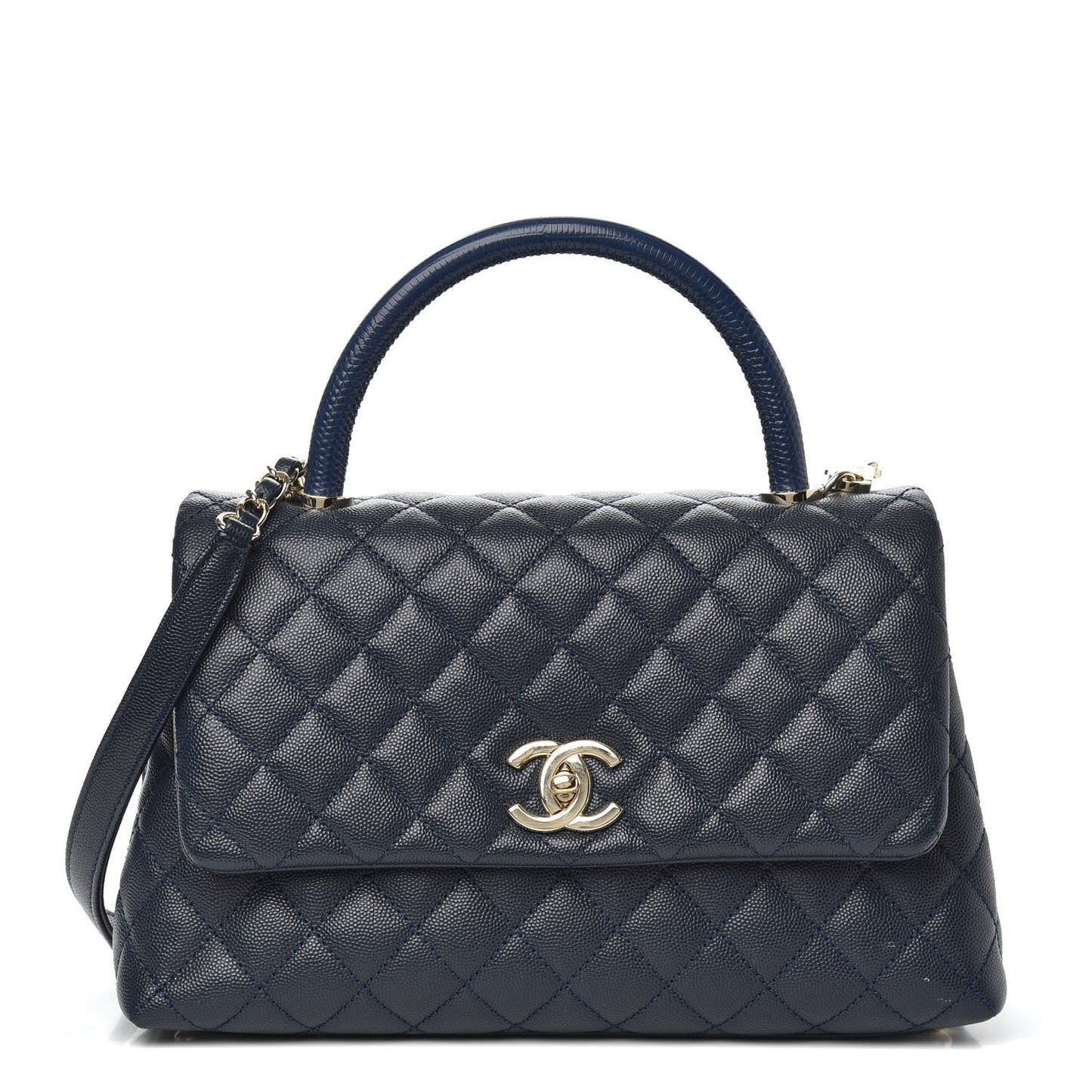 Caviar Lizard Embossed Quilted Small Coco Handle Flap Navy Blue