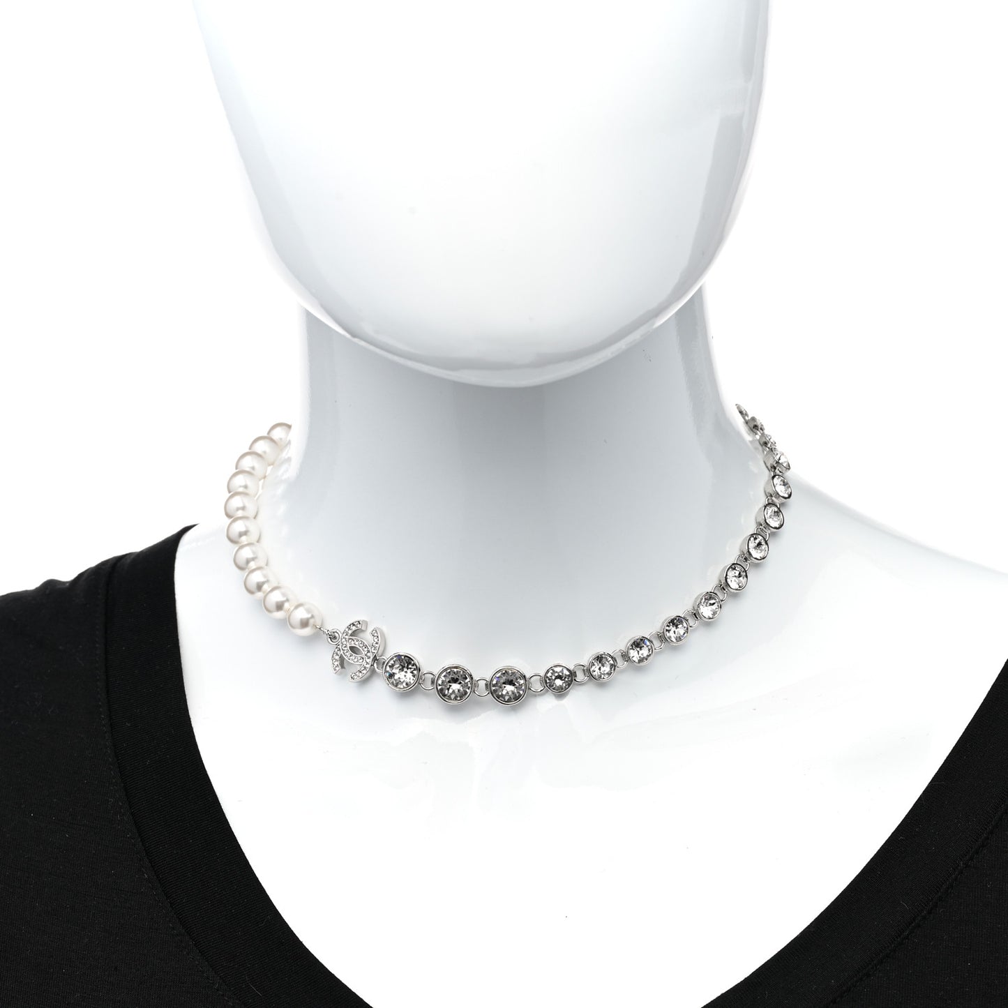 Pearl Crystal CC Choker Necklace Silver