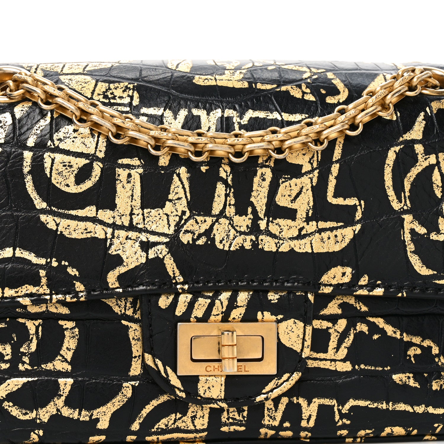 Chanel Calfskin Crocodile Embossed Graffiti 2.55 Mini Cocodile Reissue Flap Black Gold 8 of 11