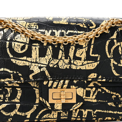 Chanel Calfskin Crocodile Embossed Graffiti 2.55 Mini Cocodile Reissue Flap Black Gold 8 of 11