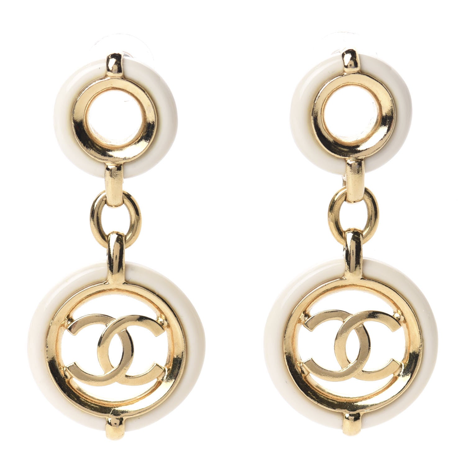 Chanel Metal Resin CC Round Drop Earrings Gold White 1 of 4