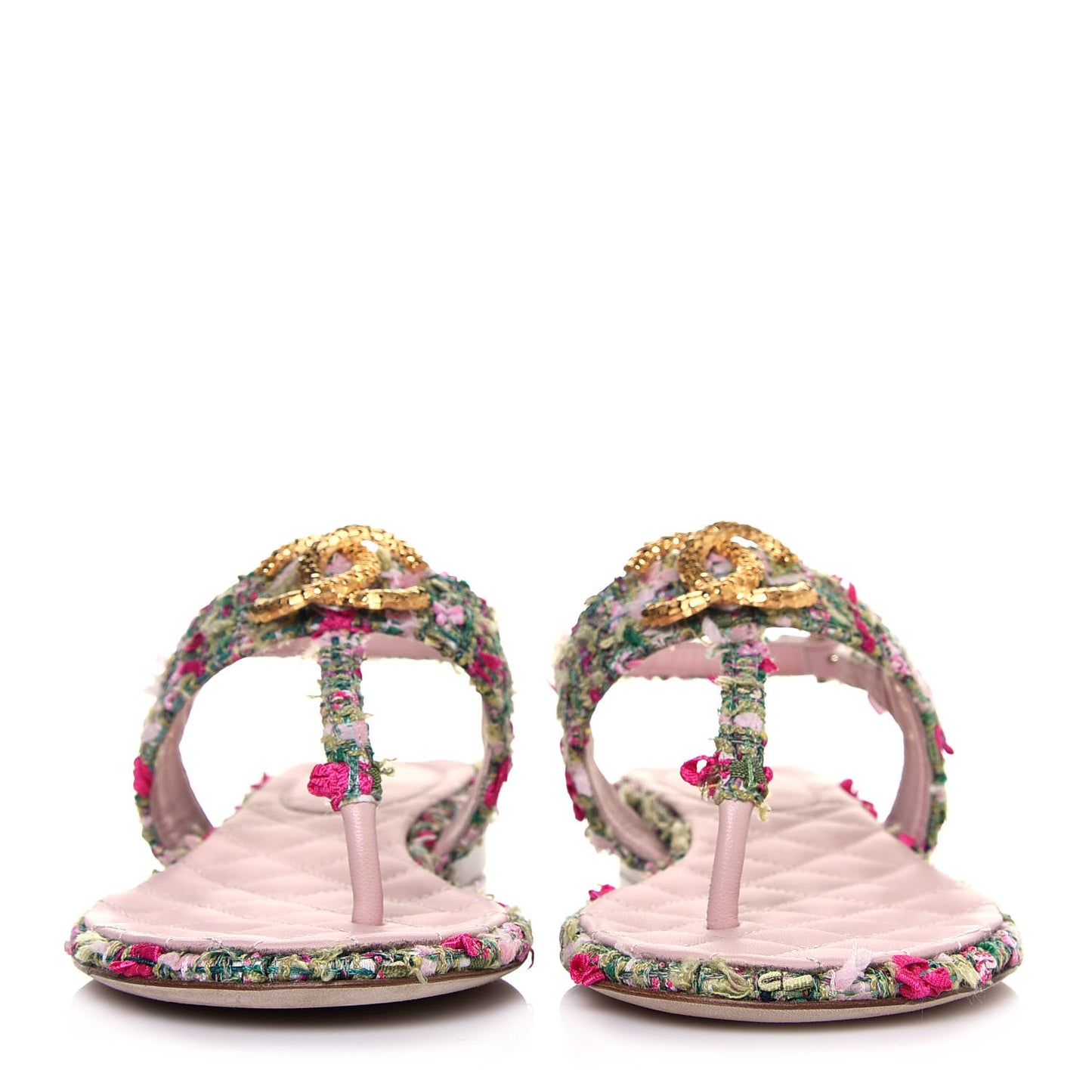 Tweed CC Logo Thong Sandals 37.5 Green Pink White