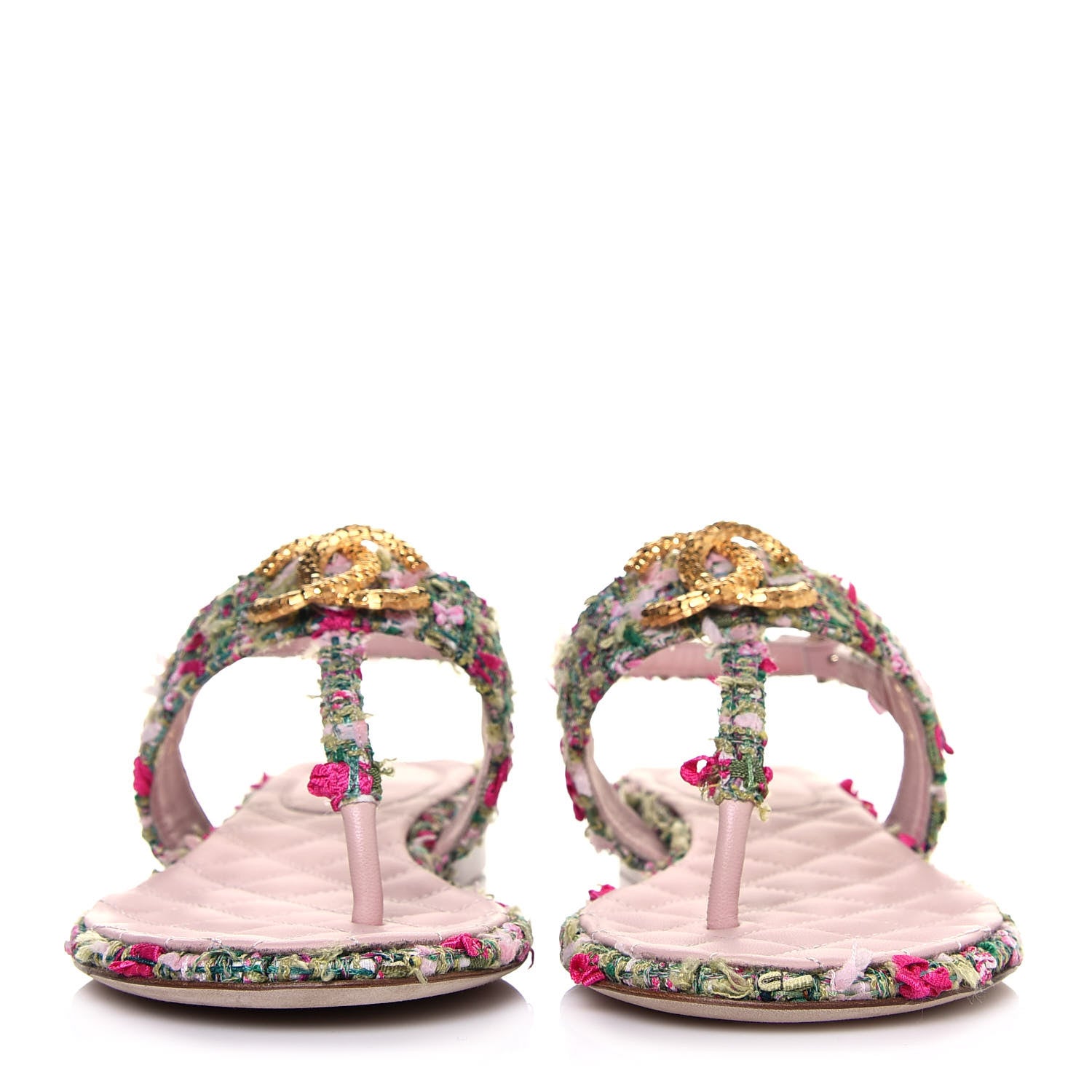 Chanel Tweed CC Logo Thong Sandals 37.5 Green Pink White 2 of 11