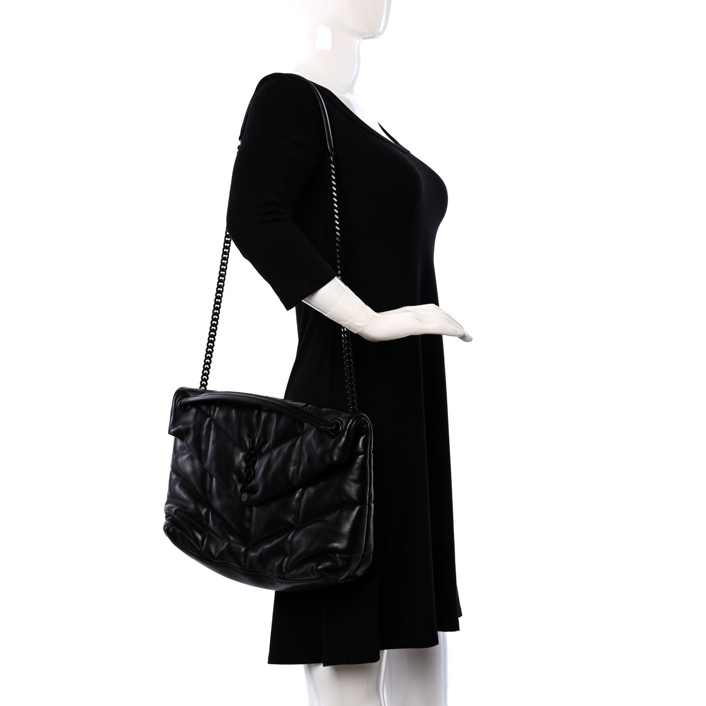 Lambskin Quilted Monogram Monochrome Medium Loulou Puffer Chain Satchel Black