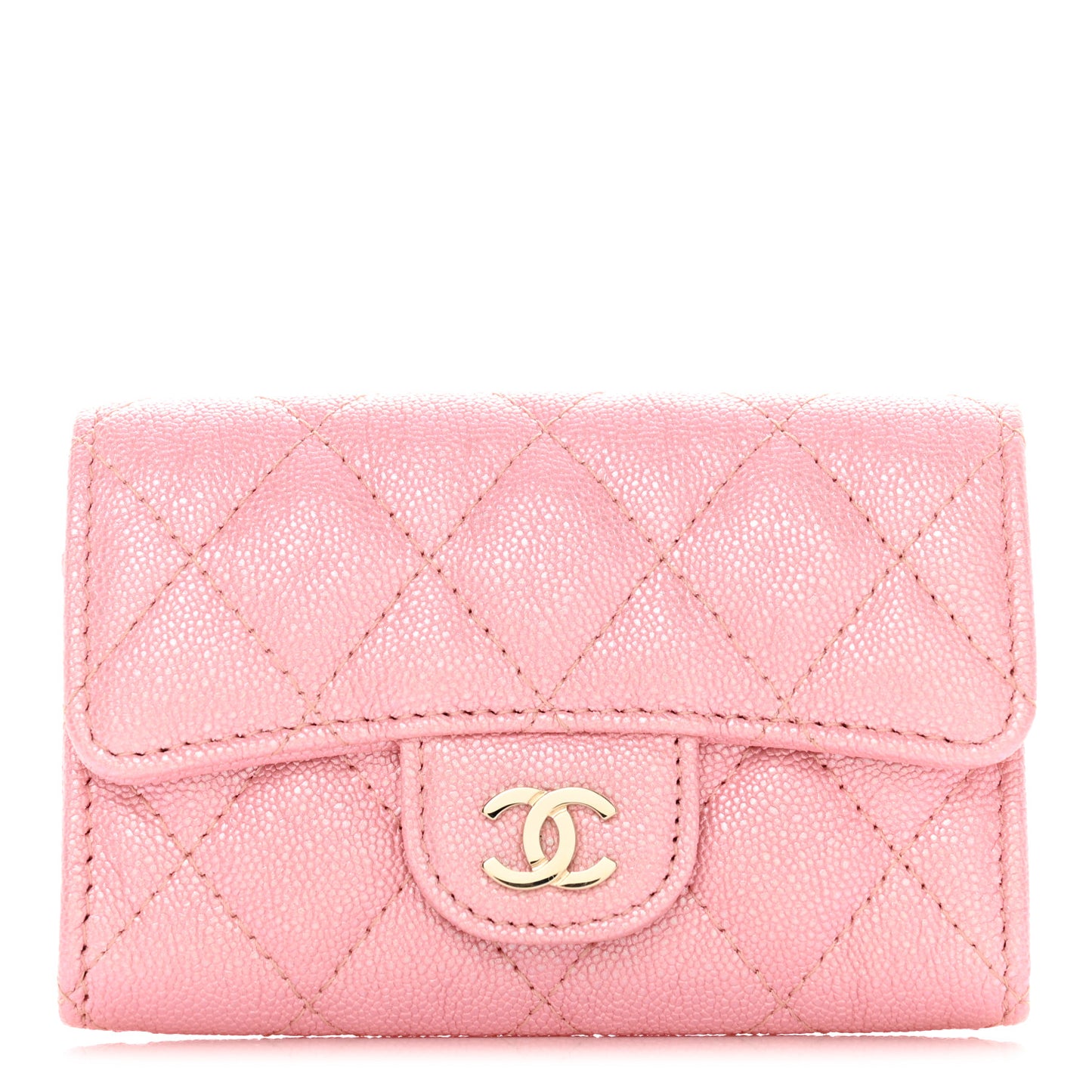 Iridescent Caviar Quilted Flap Card Holder Rose Pink