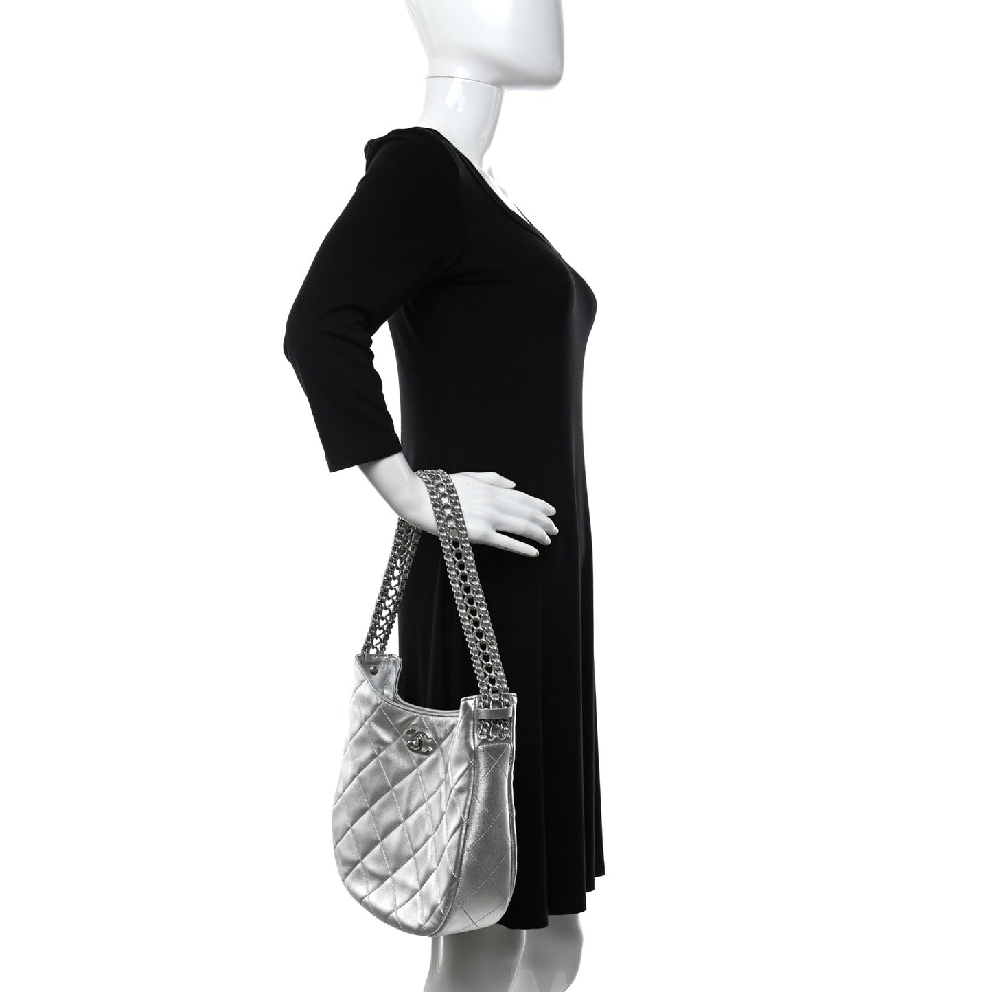 Metallic Lambskin Chain Rows Quilted Chain Hobo Silver