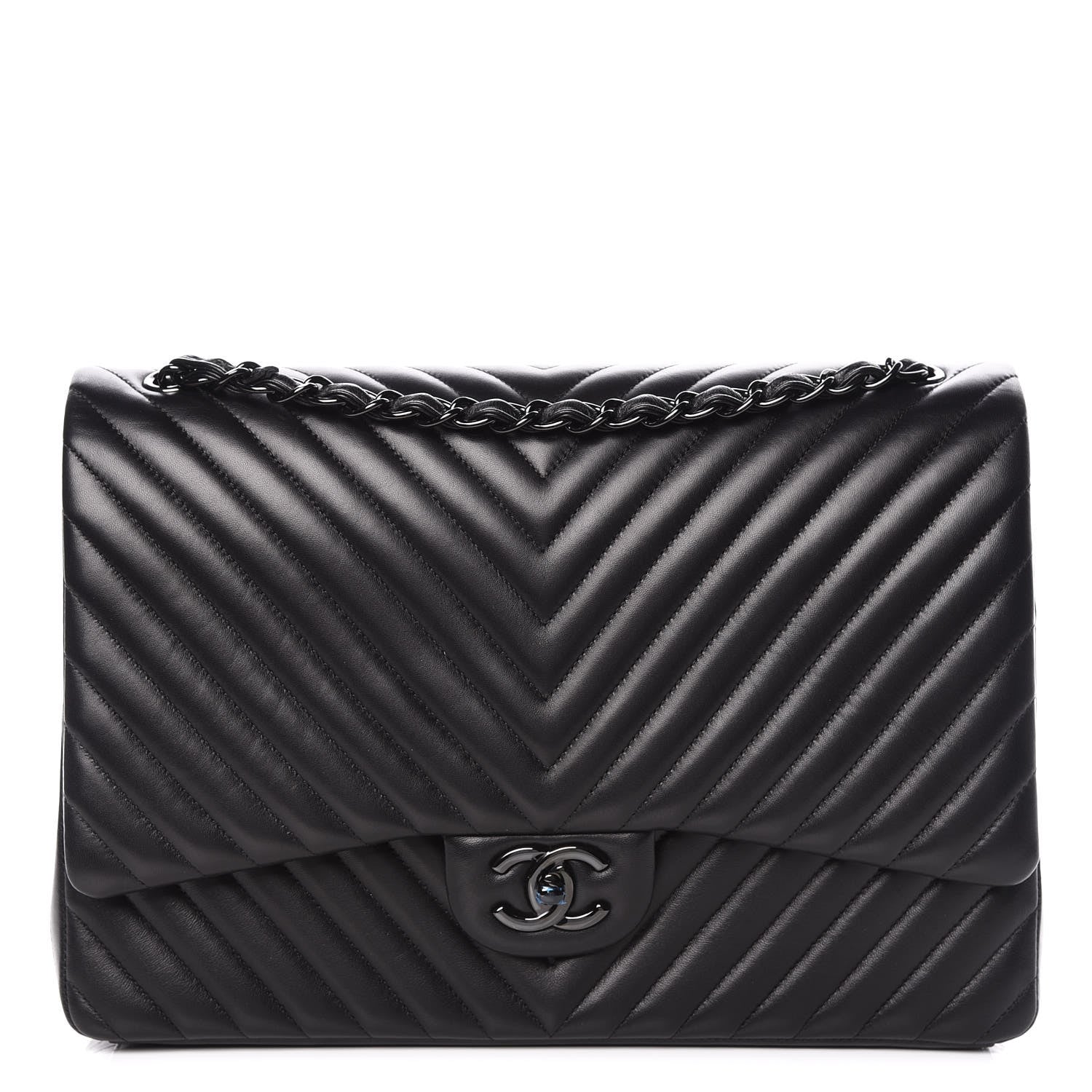 Chanel Lambskin Chevron Quilted Maxi Double Flap So Black 1 of 10