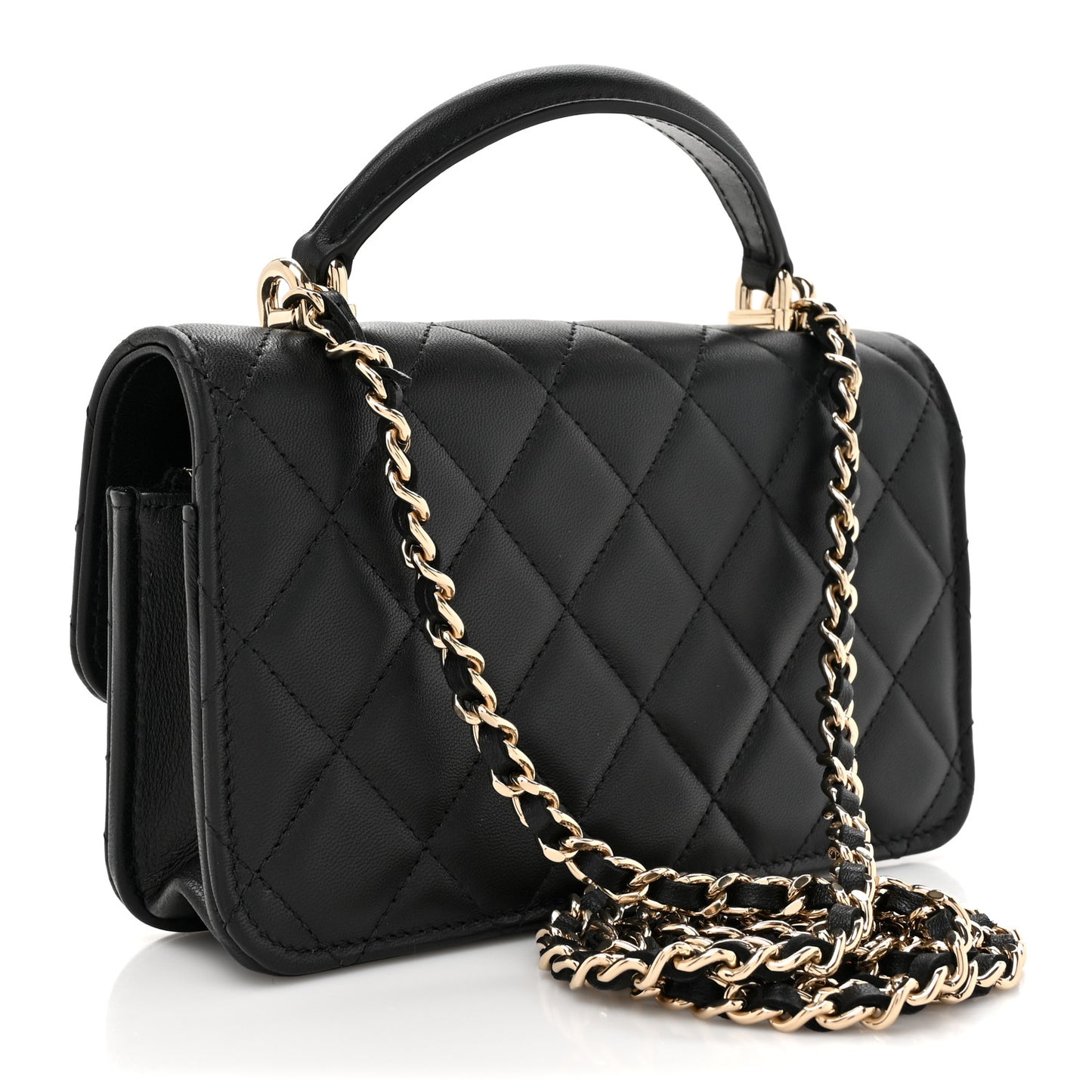 Lambskin Quilted Flap Phone Holder With Chain Black