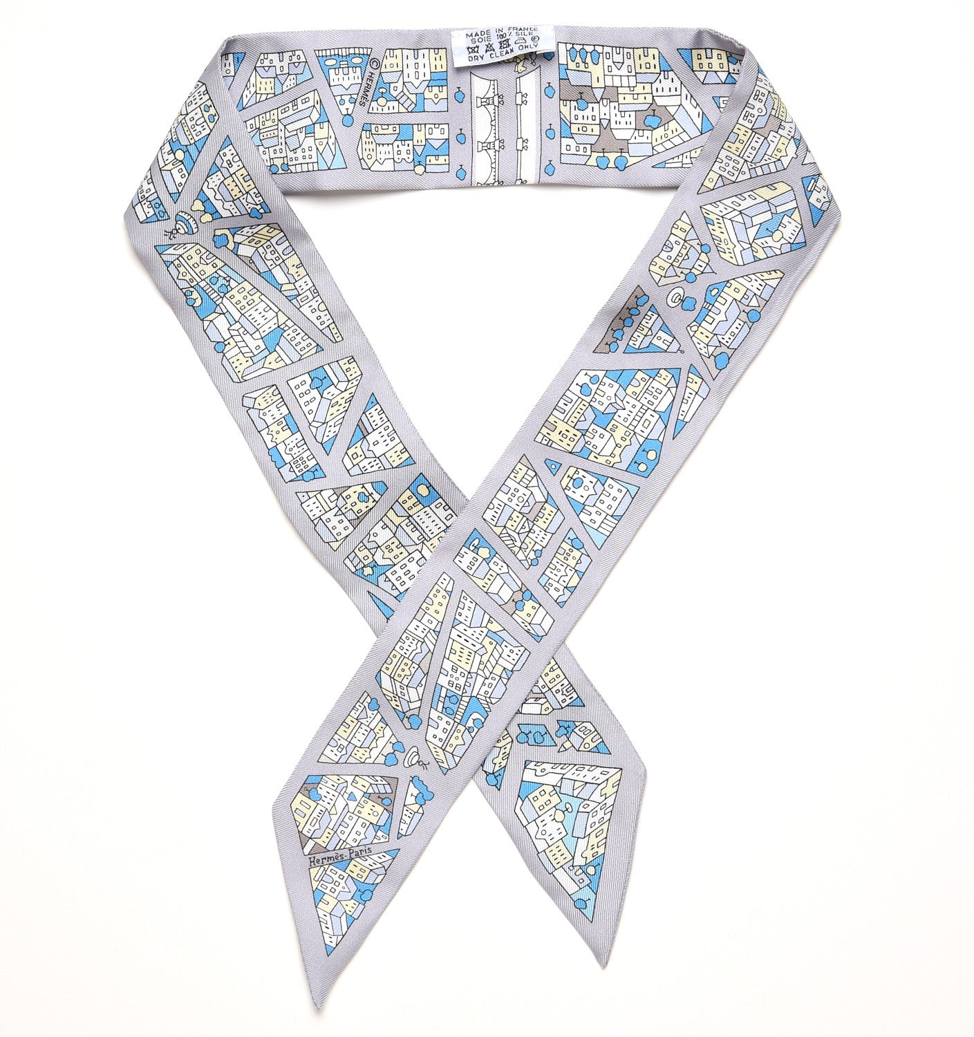 Hermes Silk Rire Droite Rive Gauche Twilly Gris Perle Bleu Jaune Pale 1 of 7