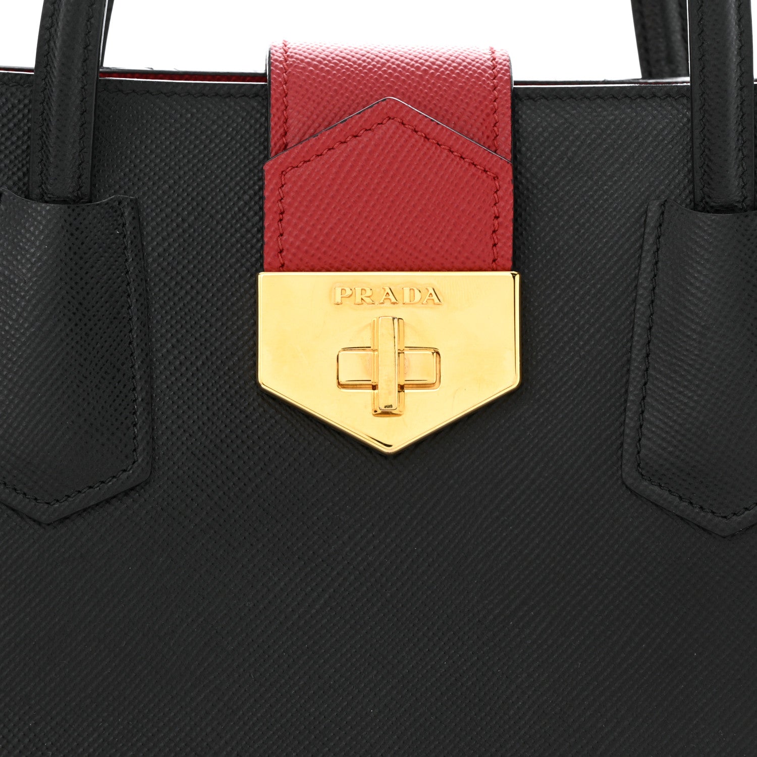 Prada Saffiano Cuir Bi-Color Double Handle Tote Black Fuoco 8 of 11