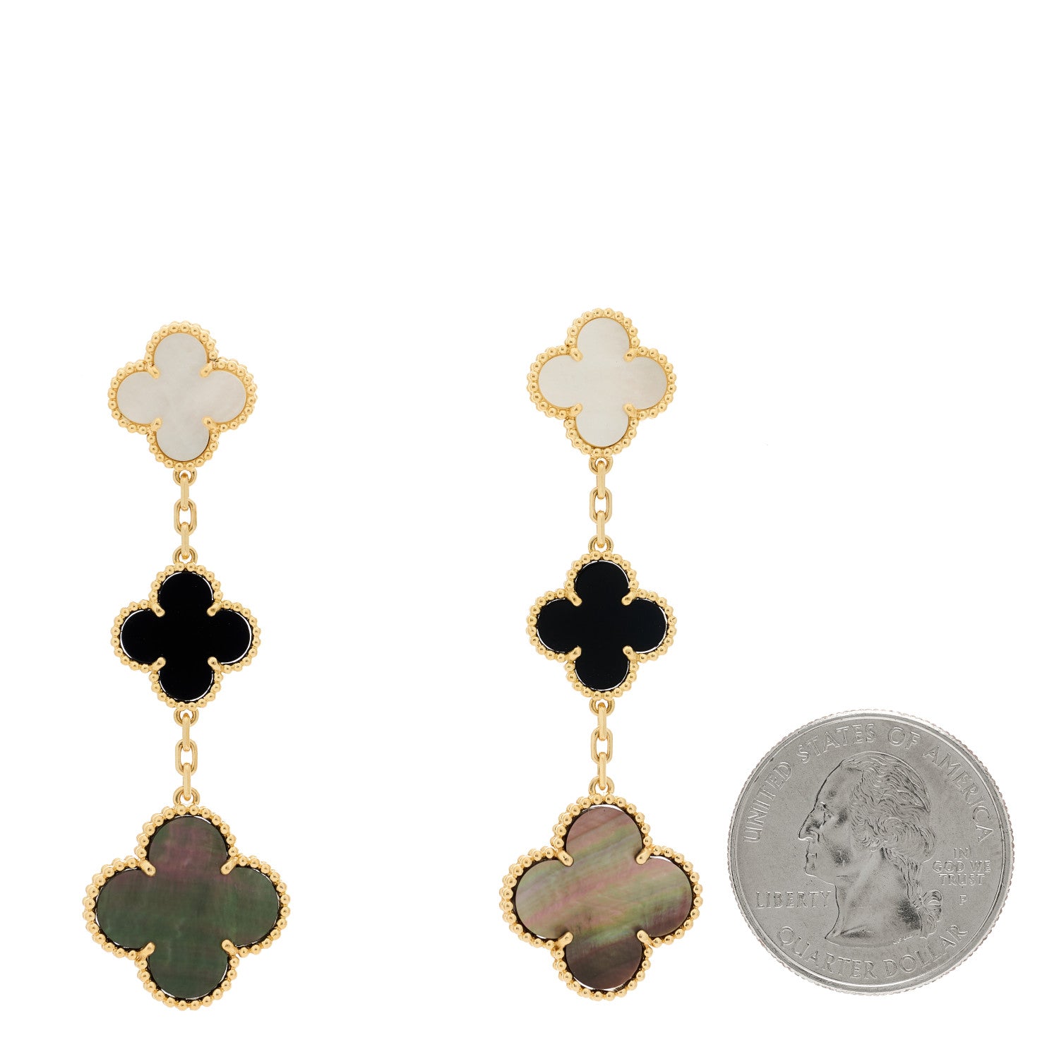 Van Cleef & Arpels 18K Yellow Gold Mother of Pearl Black Onyx 3 Motifs Magic Alhambra Earrings 4 of 5