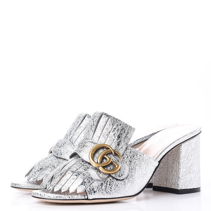 Gucci Galassia GG Marmont Fringe 75mm Slide Sandals 38.5 Argento 3 of 10