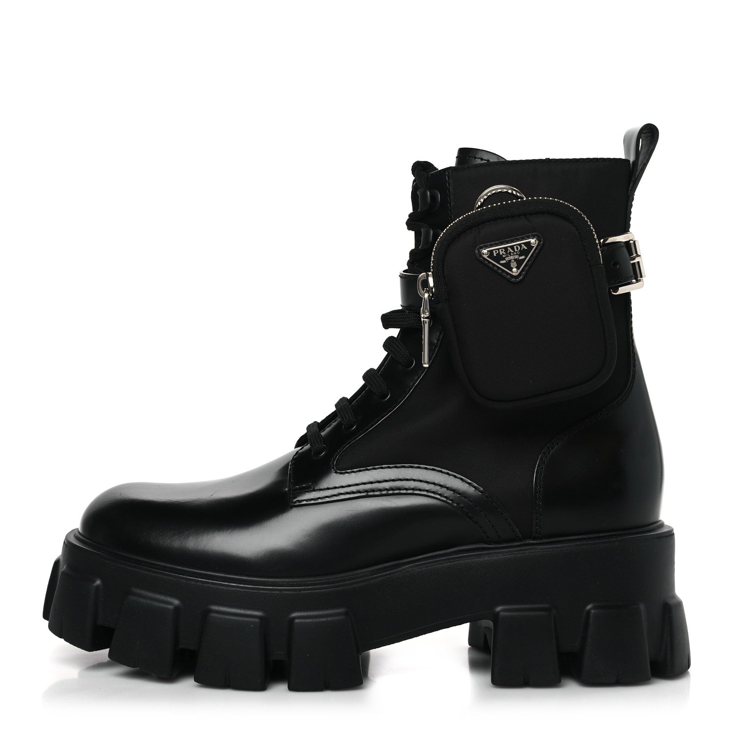 Prada Spazzolato Rois Nylon Metal Triangle Logo Monolith Pouch Pocket 55mm Boots 39 Black 1 of 7