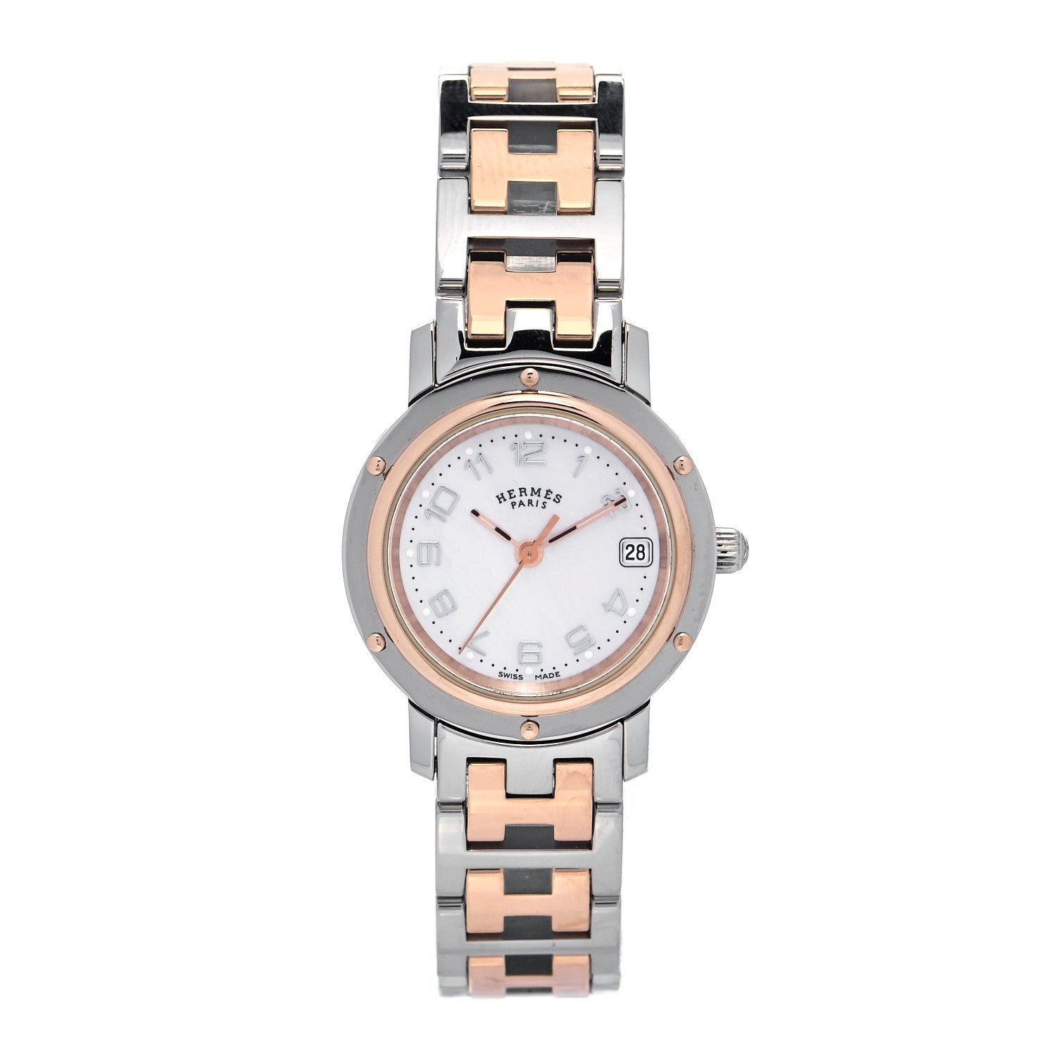 Hermes Stainless Steel Mother of Pearl 24mm Clipper Quartz Watch Rose Gold 1 of 7
