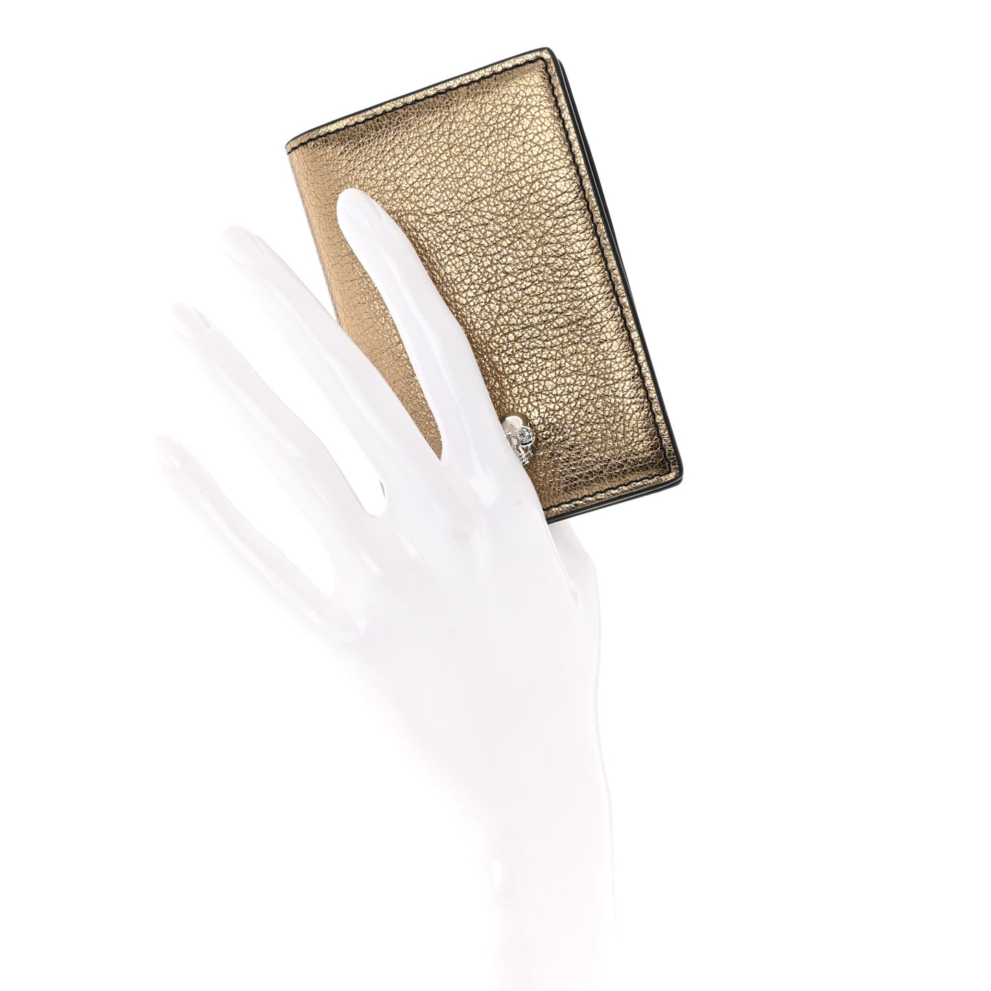 Metallic Calfskin Skull Bi Fold Card Holder Gold