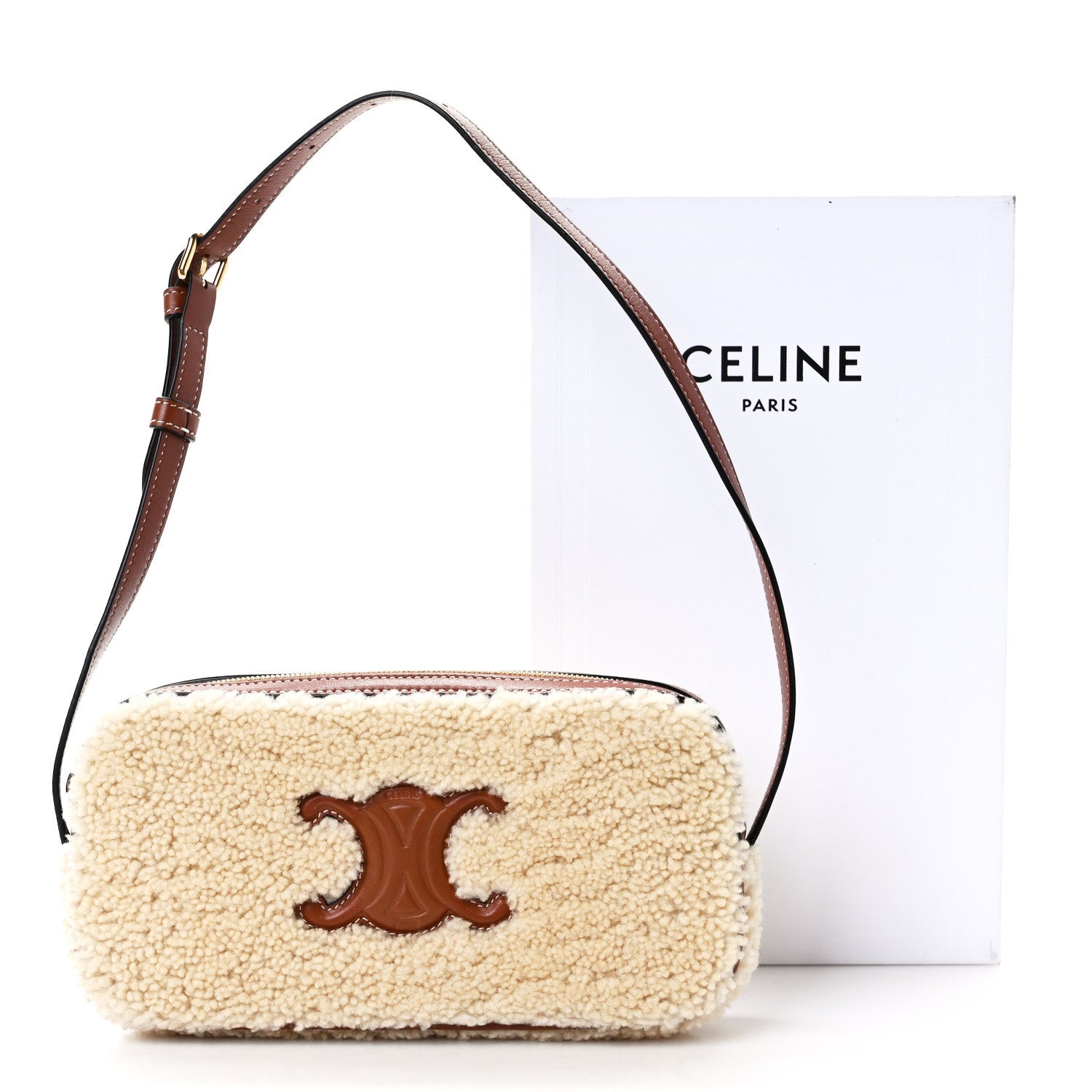 Celine Shearling Calfskin Cuir Triomphe Mini Camera Shoulder Bag Natural Tan 11 of 11