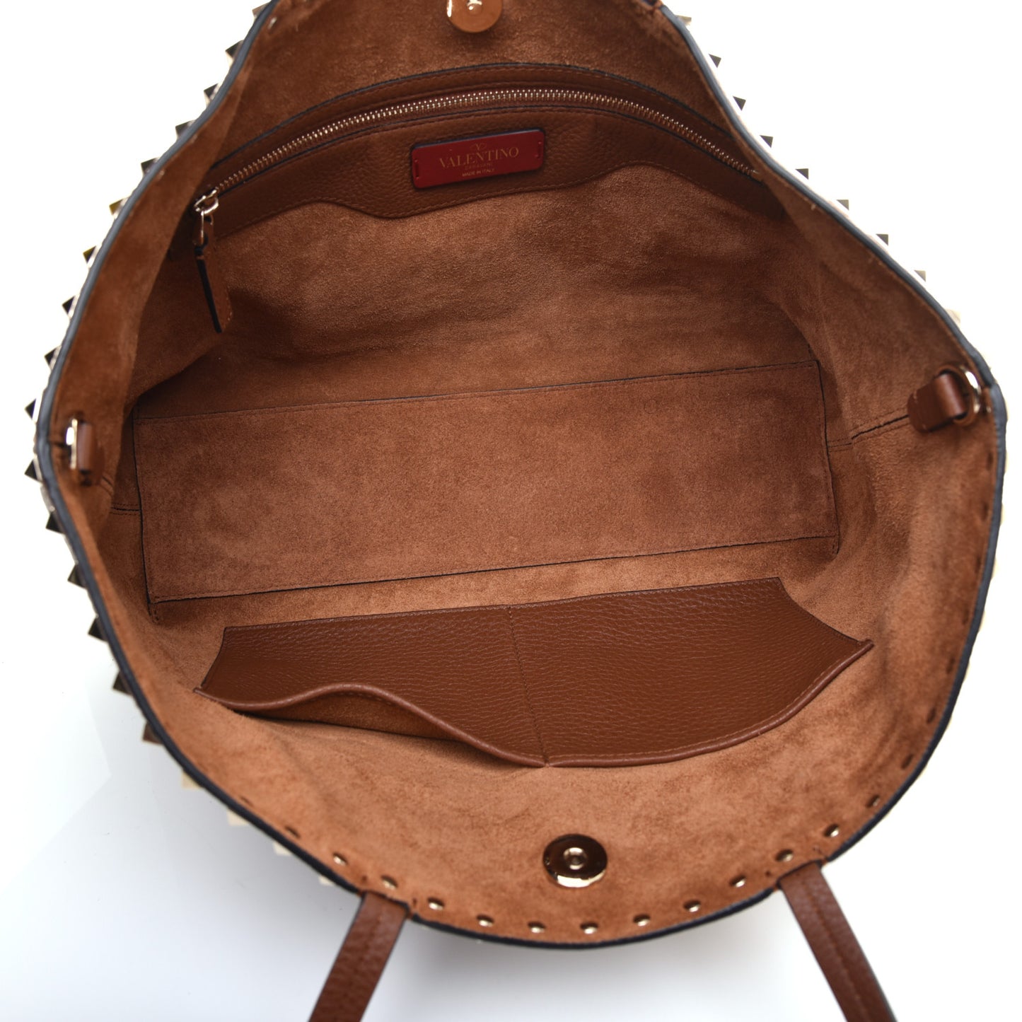 Grained Calfskin Small Rockstud Shoulder Tote Bright Cognac