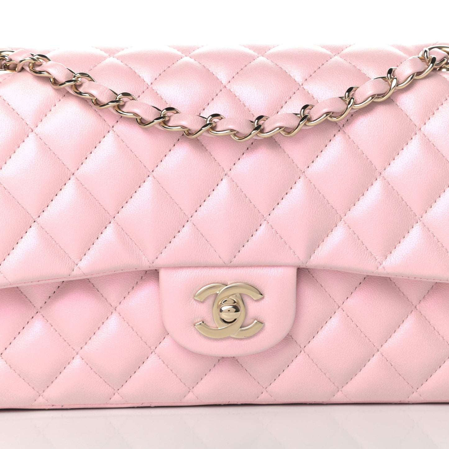 Iridescent Calfskin Quilted Medium Double Flap Light Pink