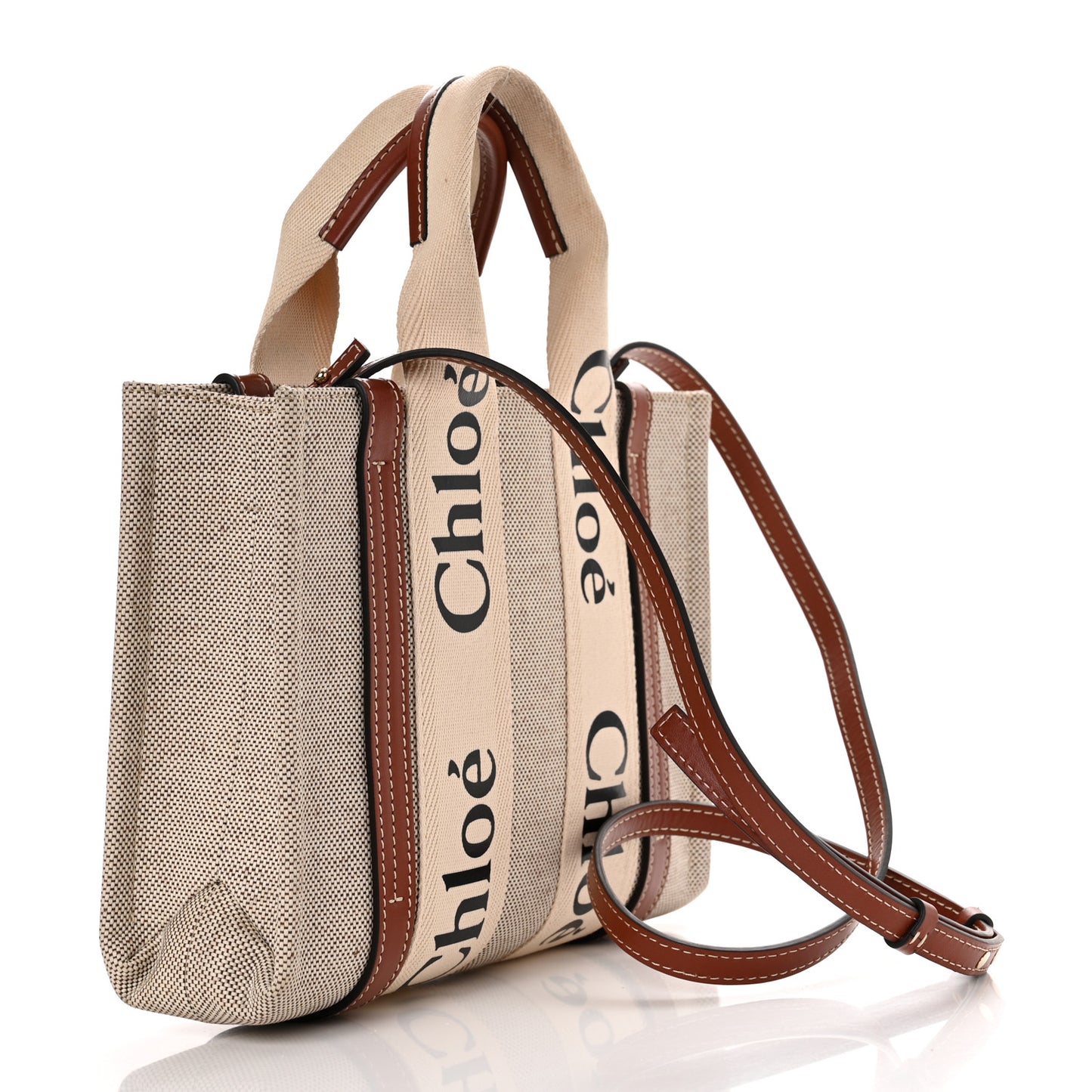 Cotton Calfskin Small Woody Ribbon Tote With Strap White Brown