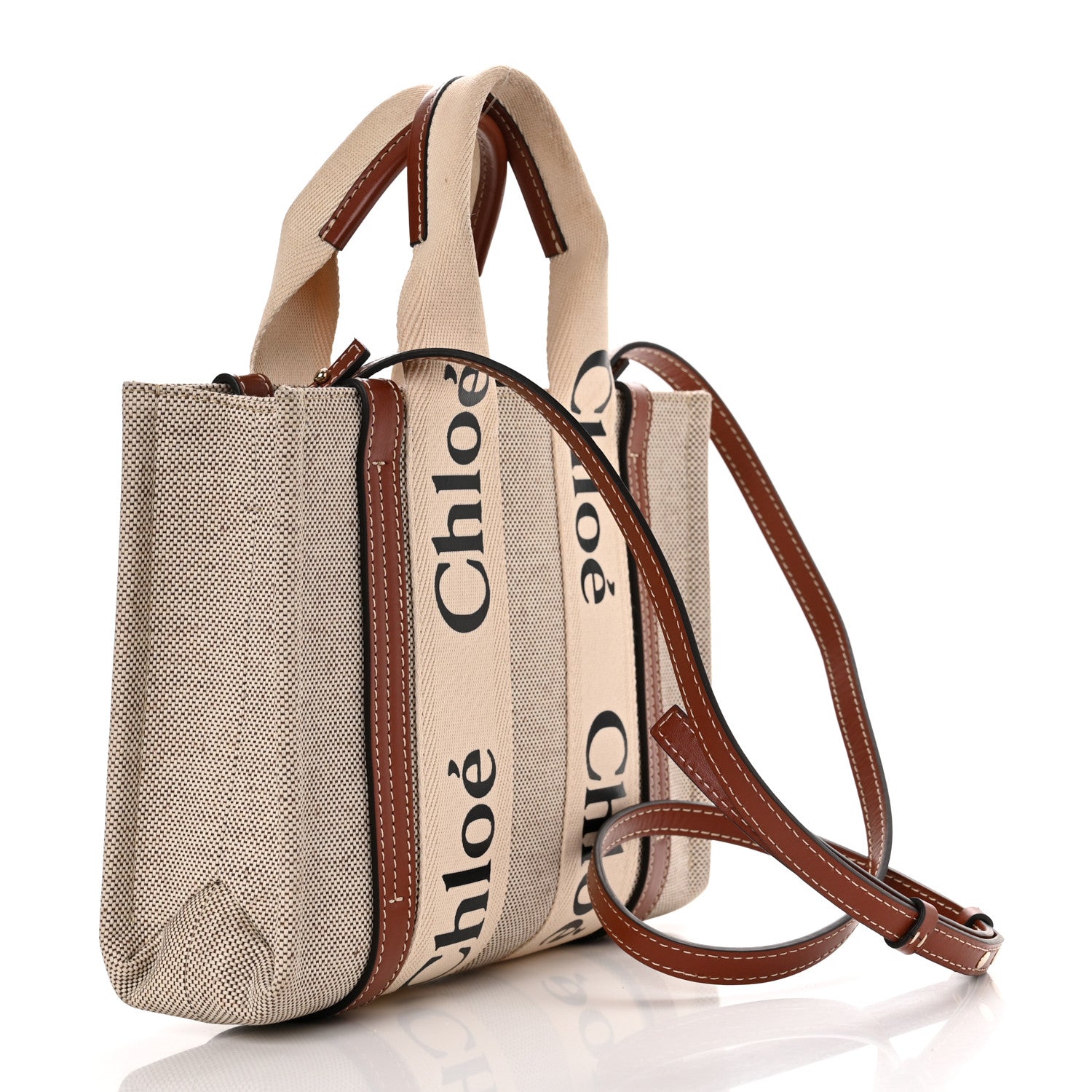 Chloe Cotton Calfskin Small Woody Ribbon Tote With Strap White Brown 3 of 11