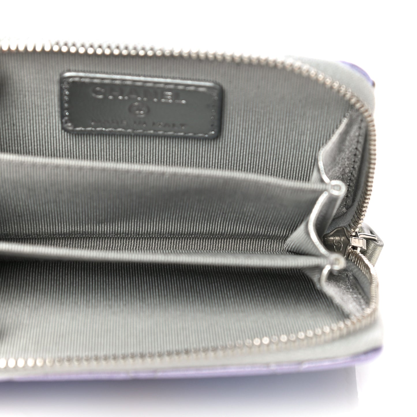 Gradient Metallic Calfskin Quilted Zip Around Coin Purse Wallet Silver Blue Yellow Purple