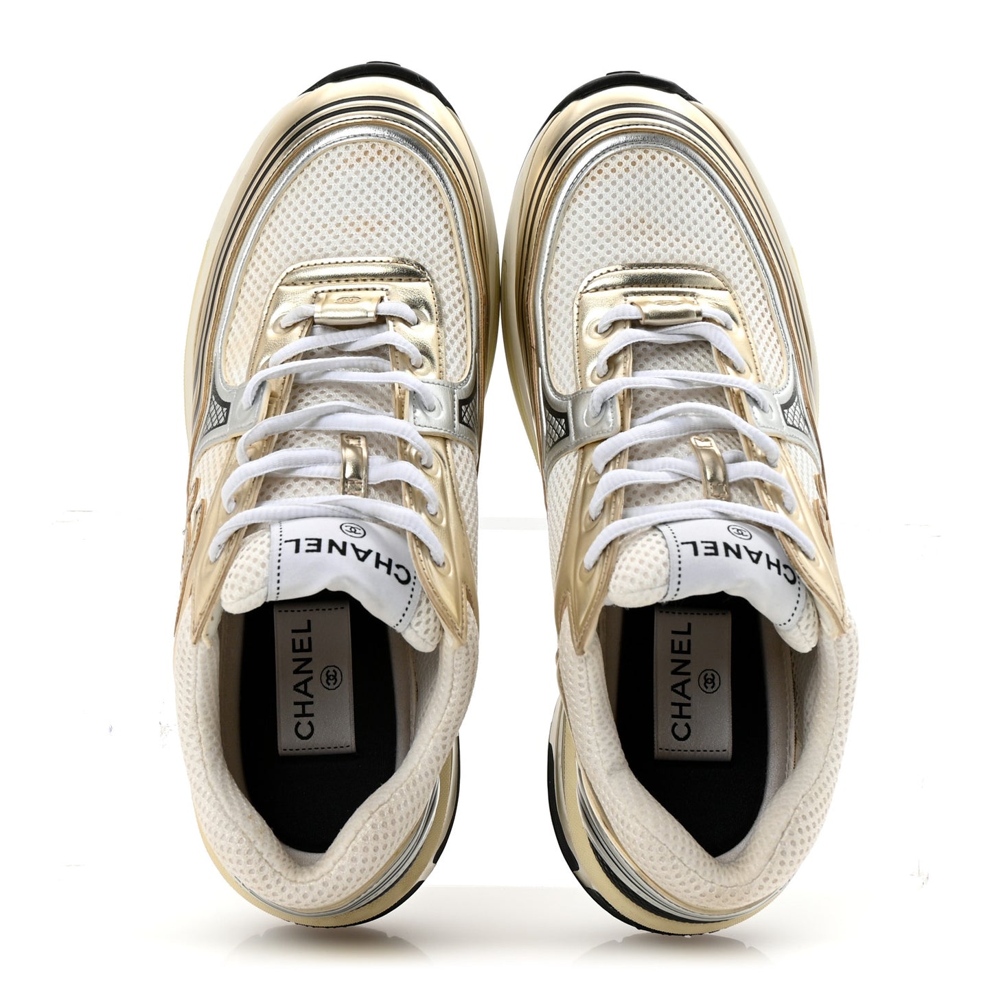 Fabric Laminated Calfskin Stretch CC Womens Sneakers 40 White Gold Silver