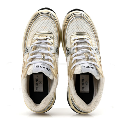 Chanel Fabric Laminated Calfskin Stretch CC Womens Sneakers 40 White Gold Silver 2 of 10