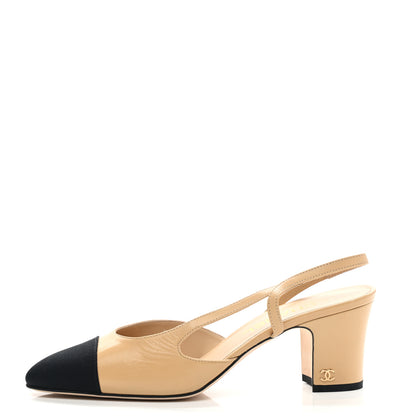 Chanel Goatskin Grosgrain Cap Toe CC Slingback Pumps 38.5 Beige Black 1 of 9