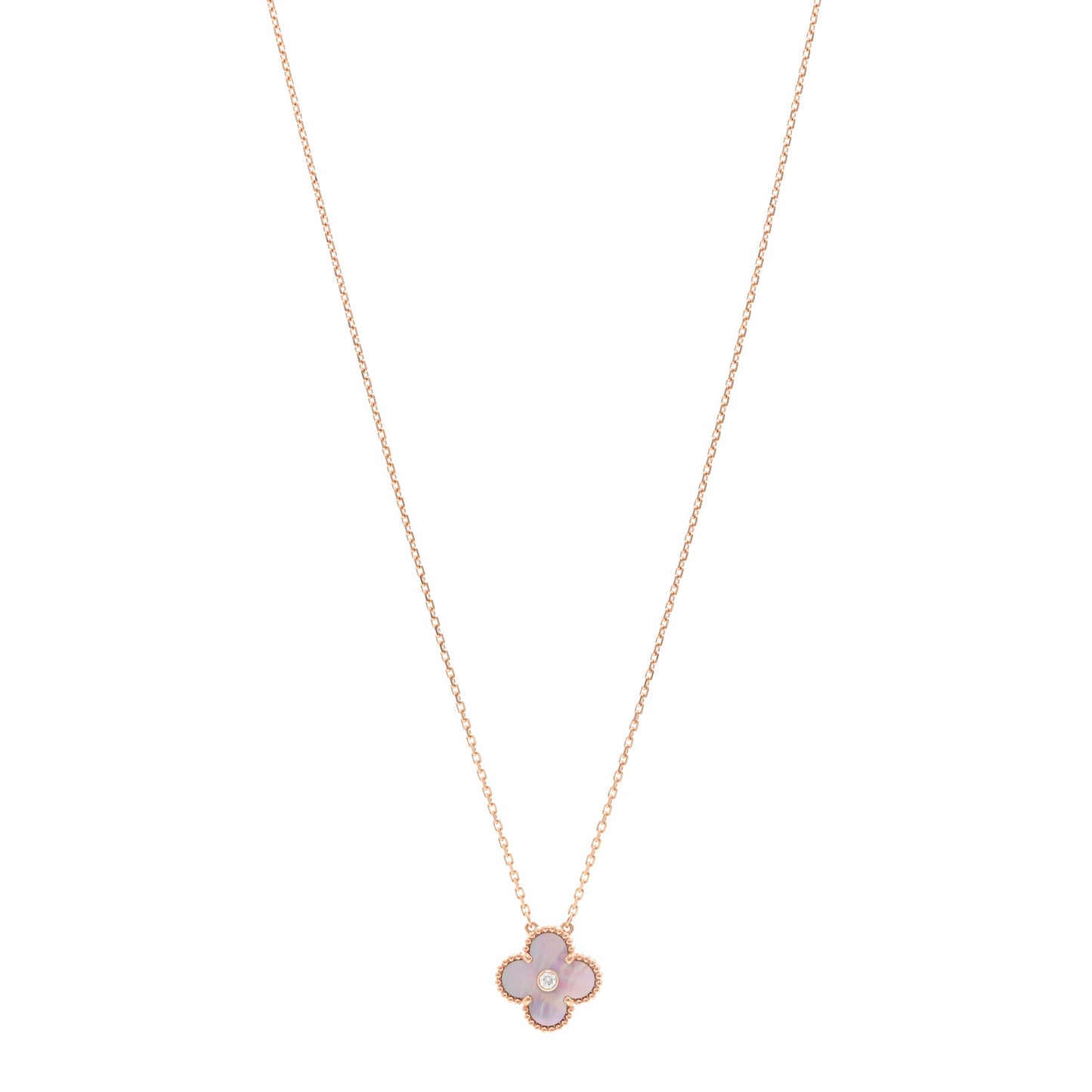 18K Rose Gold Diamond Pink Mother of Pearl Vintage Alhambra Pendant Necklace