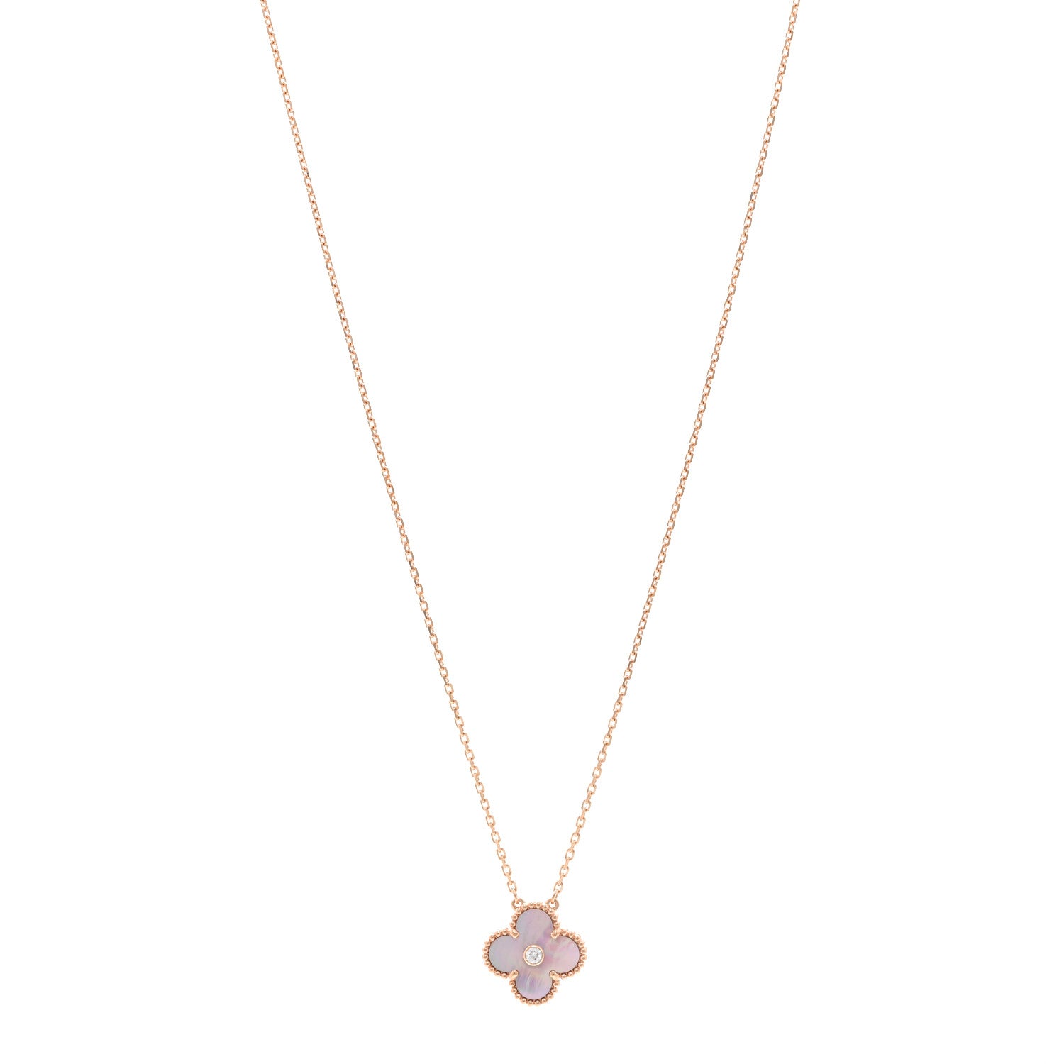 Van Cleef & Arpels 18K Rose Gold Diamond Pink Mother of Pearl Vintage Alhambra Pendant Necklace 1 of 6
