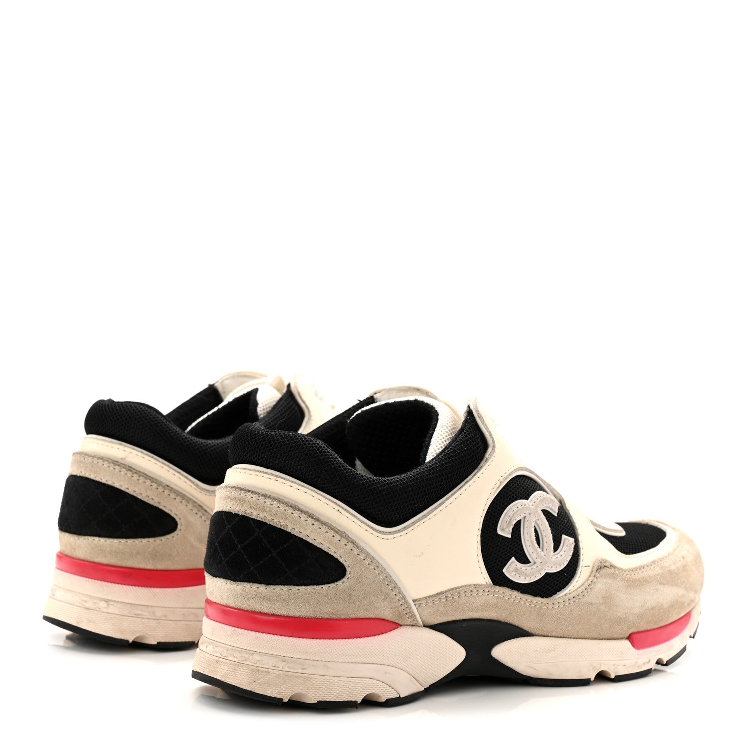 Chanel Mesh Suede Calfskin Grained Calfskin Womens CC Sneakers 38.5 White Black Pink 4 of 11
