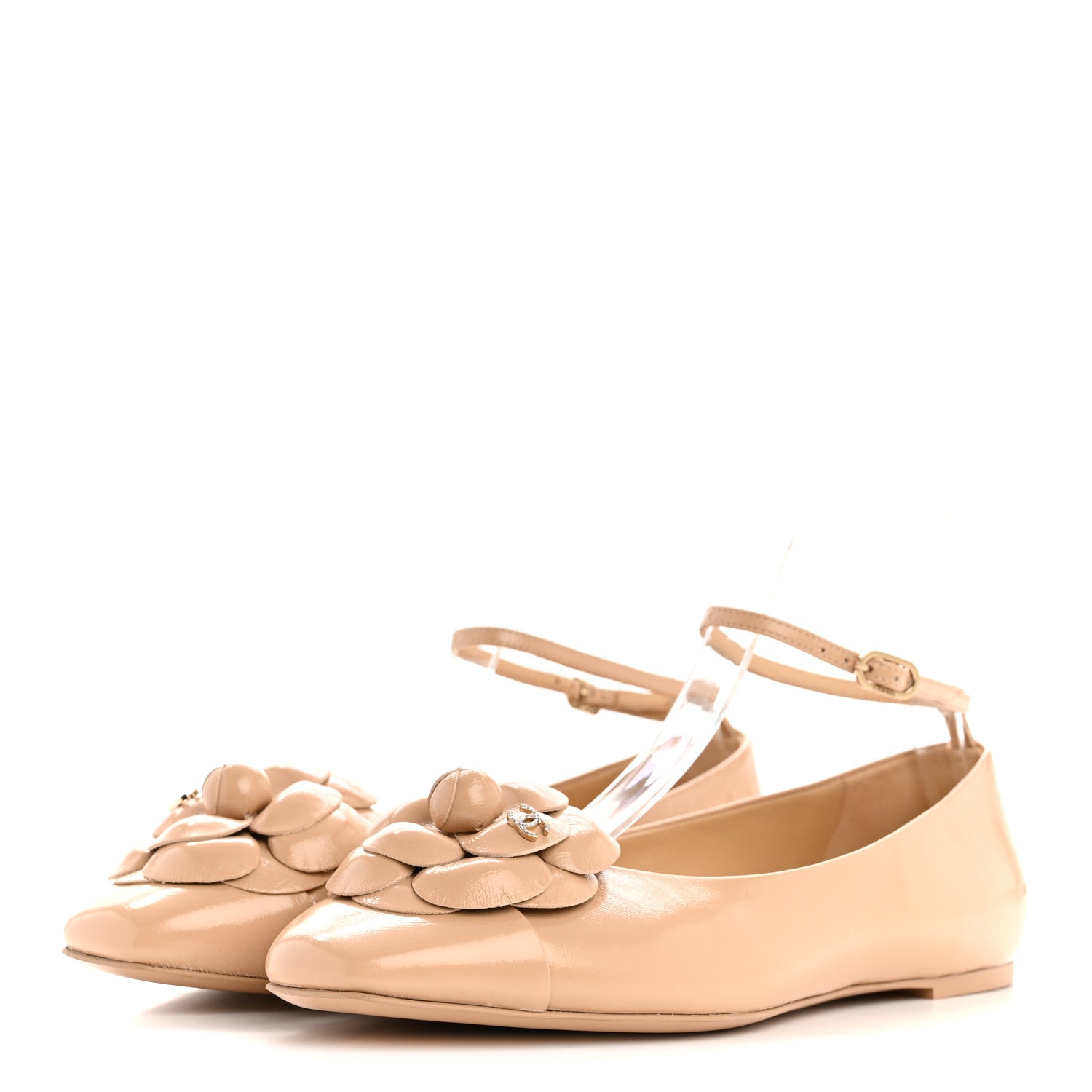 Chanel Shiny Calfskin Camellia Ankle Strap Ballerina Flats 36 Beige 4 of 10