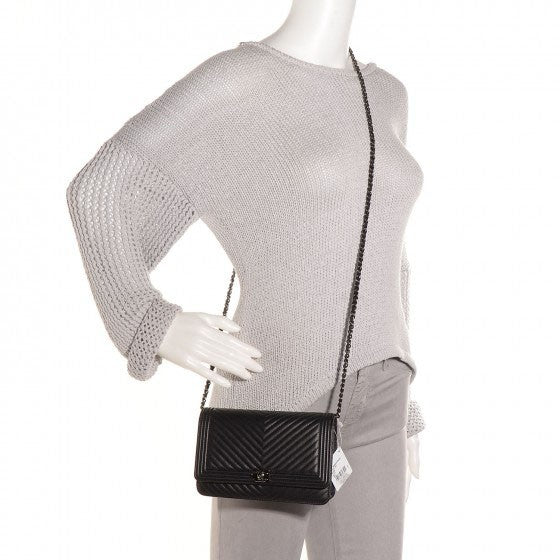 Metallic Calfskin Chevron Boy Wallet On Chain WOC Black