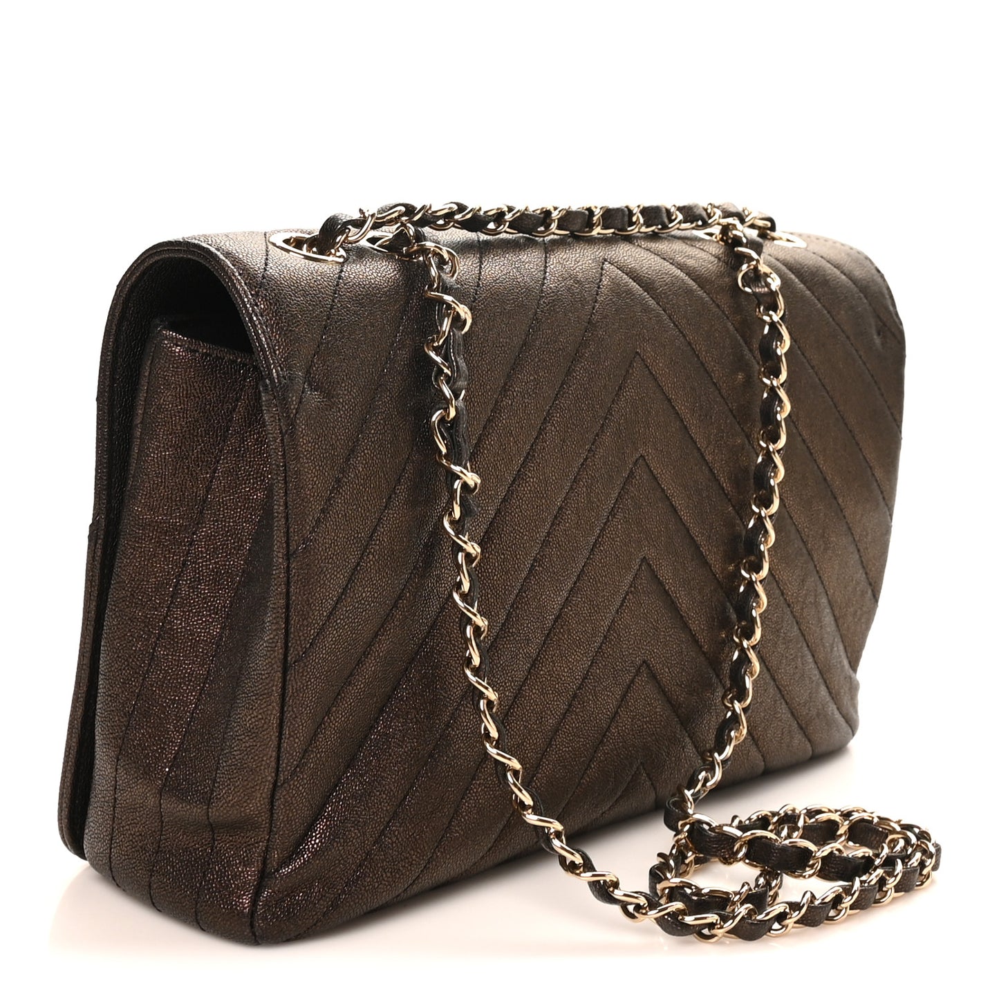 Metallic Caviar Chevron Quilted Medium Statement Flap Bronze