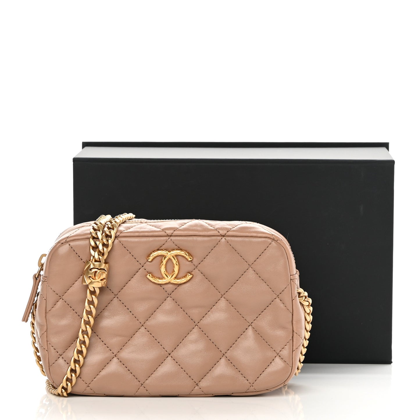 Lambskin Quilted Mini Pillow Crush Camera Case Beige