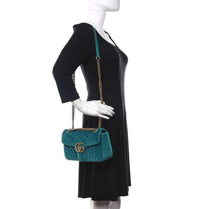 Gucci Velvet Matelasse Small GG Marmont Shoulder Bag Pavone Cyan 2 of 13