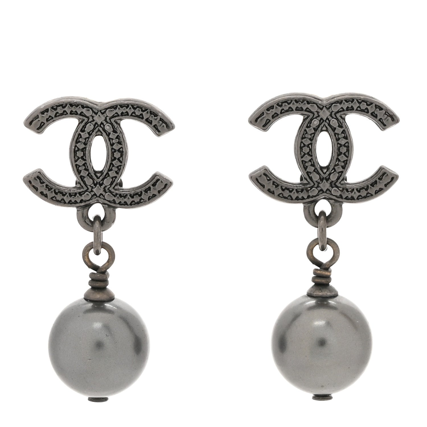 Chanel Pearl CC Drop Earrings Ruthenium Grey 1 of 5