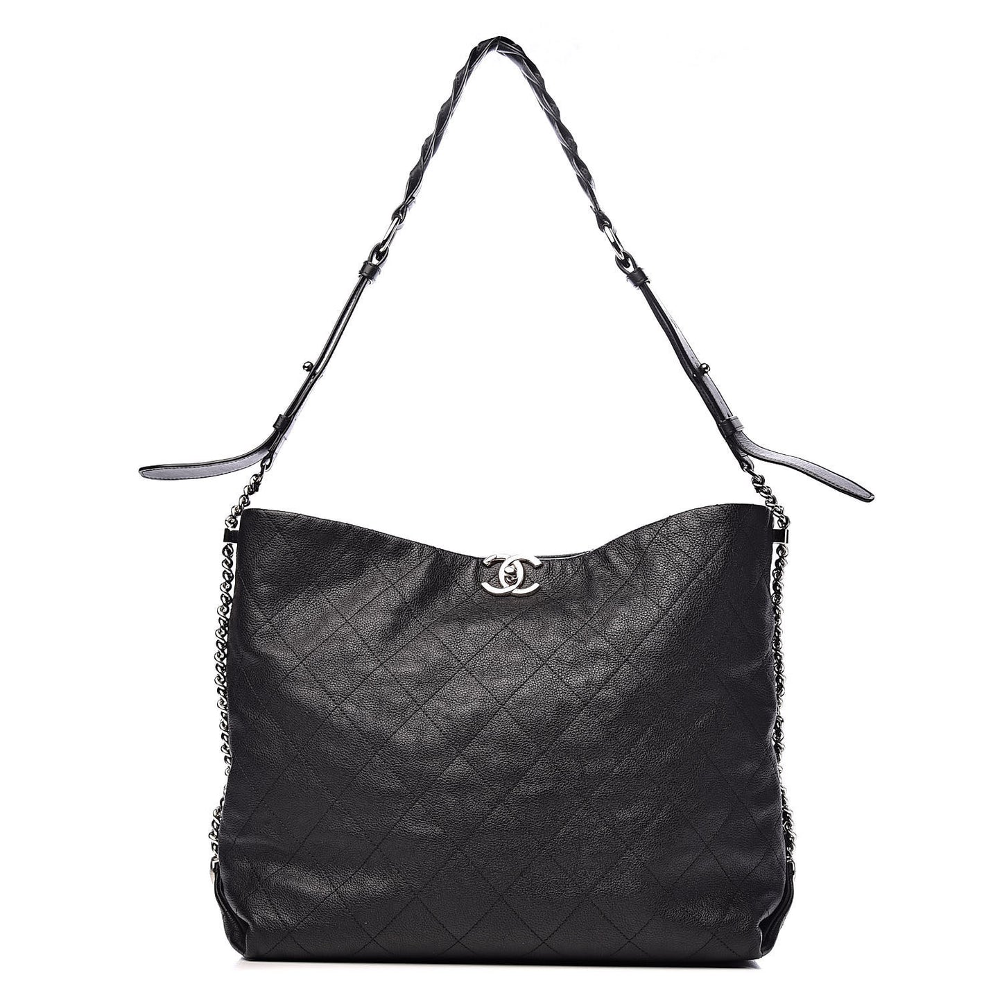 Grained Calfskin Stitched Medium Braided With Style Hobo Black