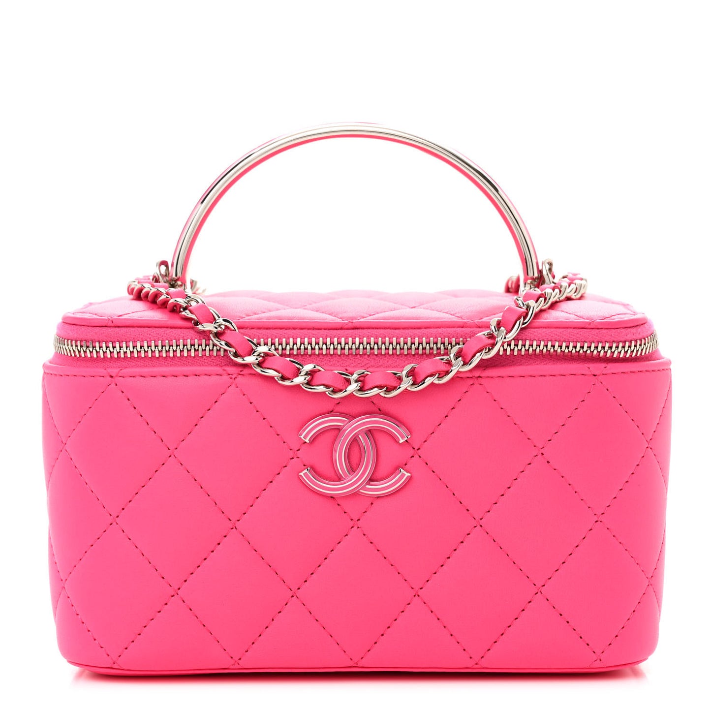Lambskin Enamel Quilted Top Handle Clutch With Chain Fuchsia