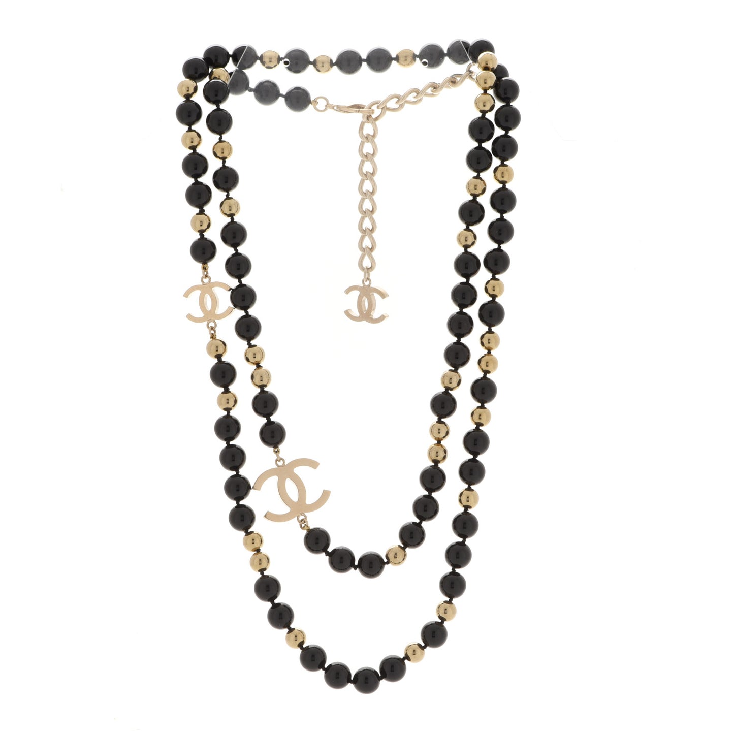 Beaded CC Long Necklace Black Gold
