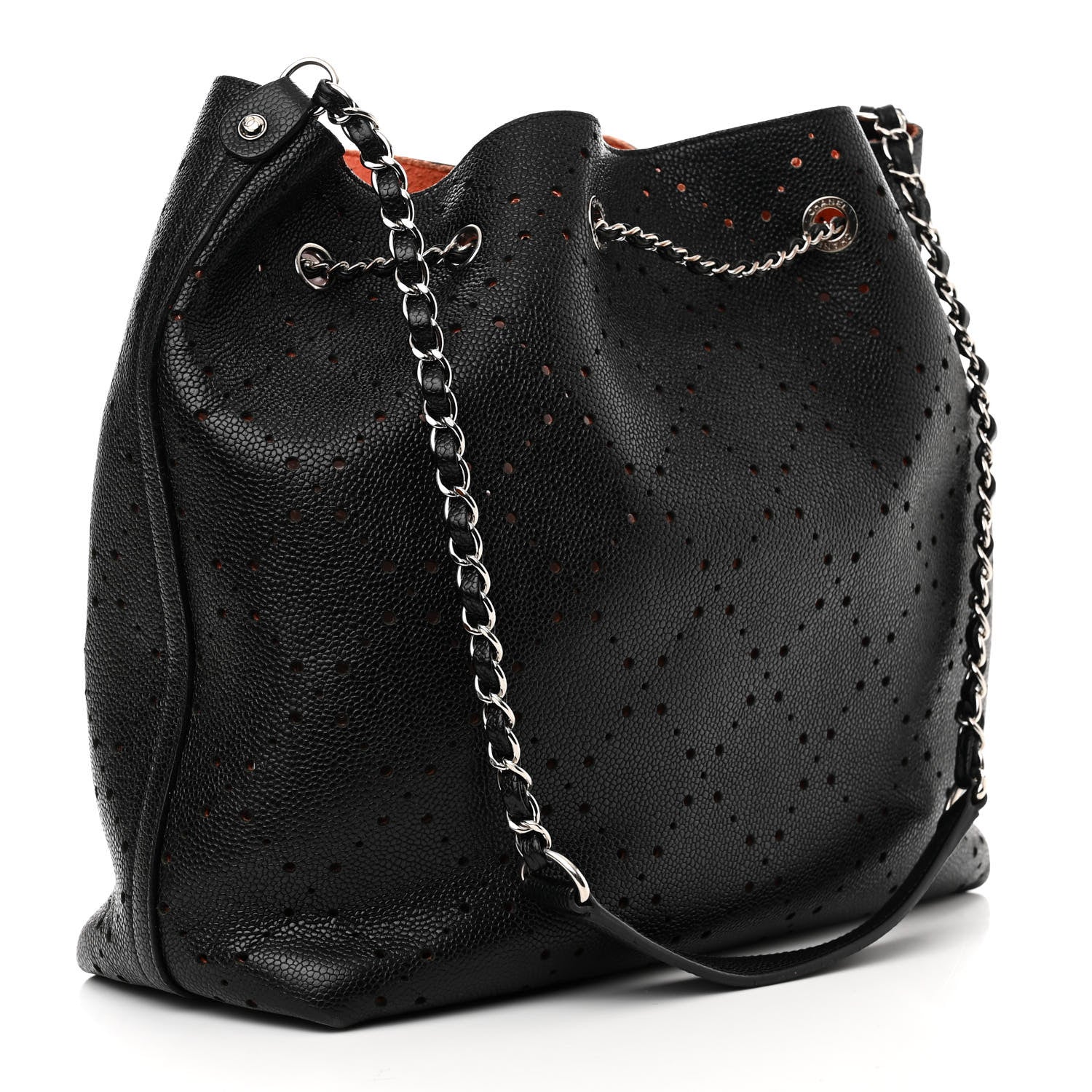 Chanel Caviar Perforated Drawstring CC Bag Black Orange 3 of 16