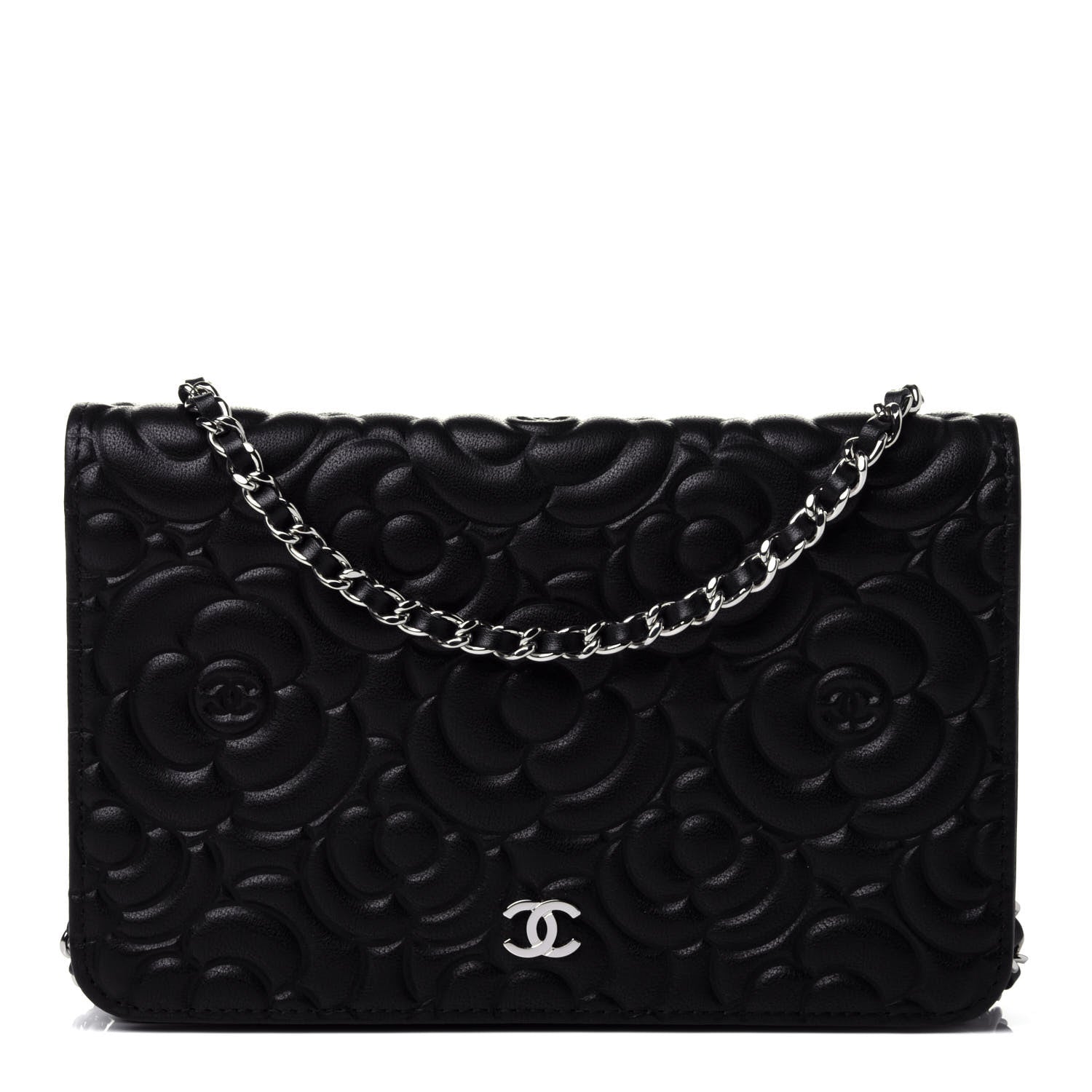 Chanel Lambskin Camellia Embossed Wallet on Chain WOC Black 1 of 4